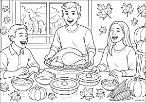 Un festín otoñal para amigos (Página de Acción de Gracias (Thanksgiving) para imprimir)