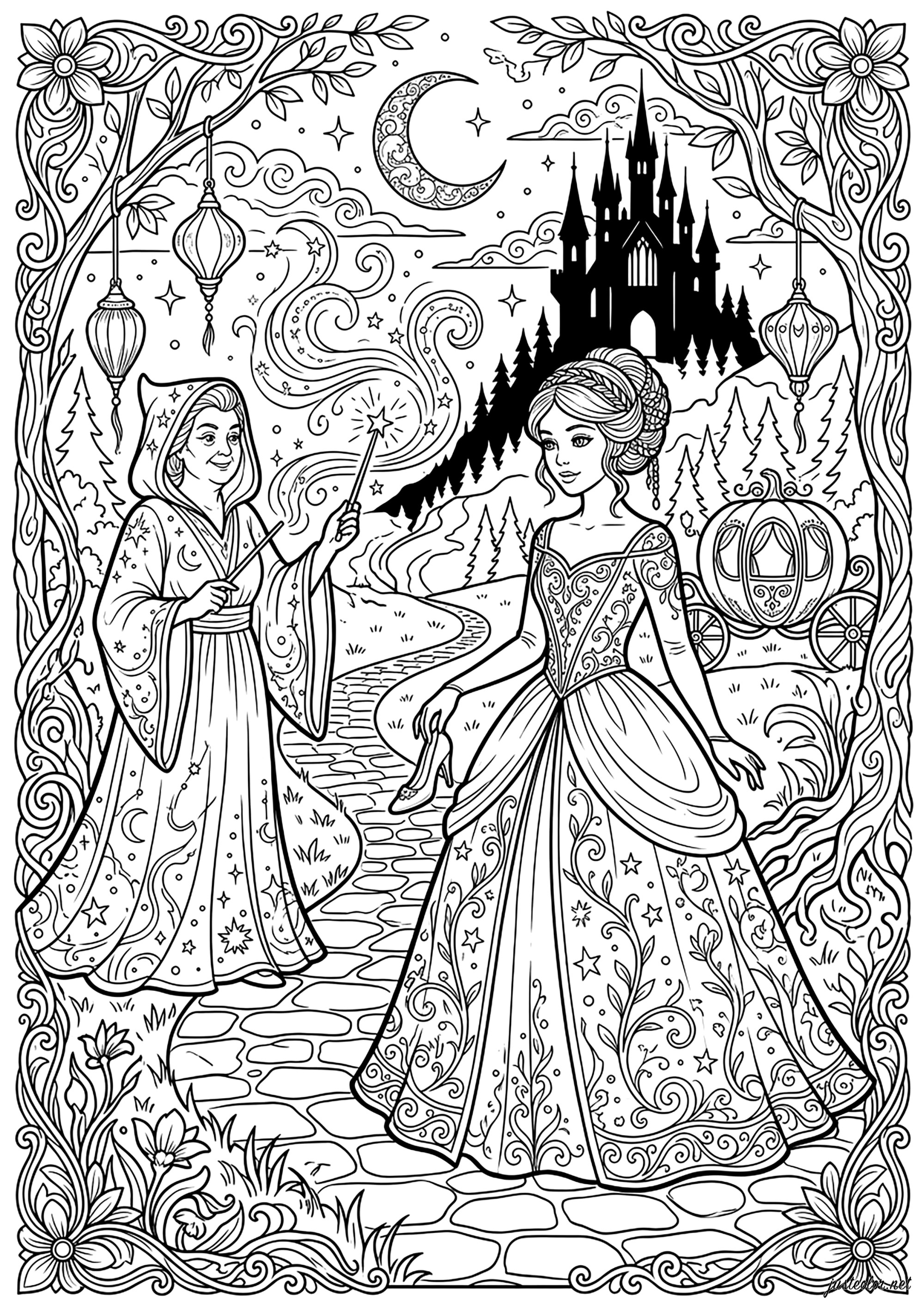 Cenicienta y el Hada Madrina (Página de Cuentos de hadas para imprimir para adultos)