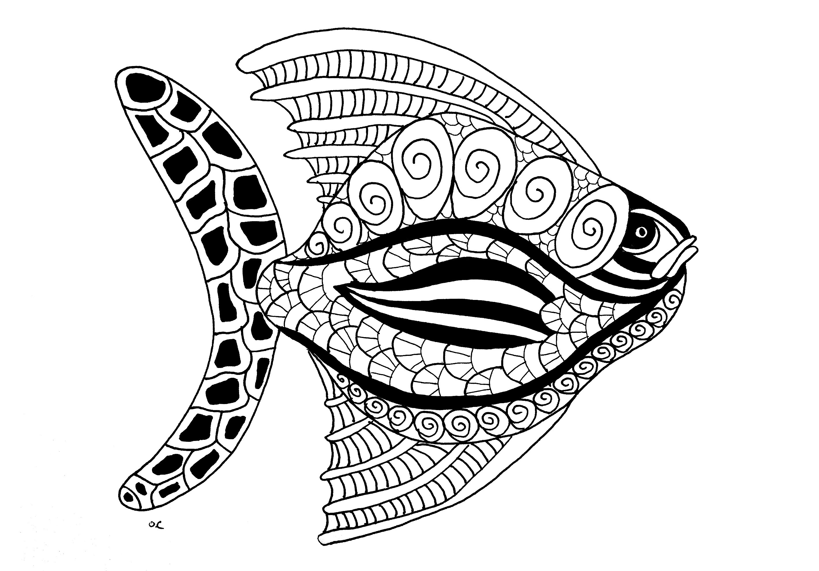 Zentangle peces - paso 2Mezcla colores cálidos y fríos para crear una atmósfera relajante, Artista : Olivier