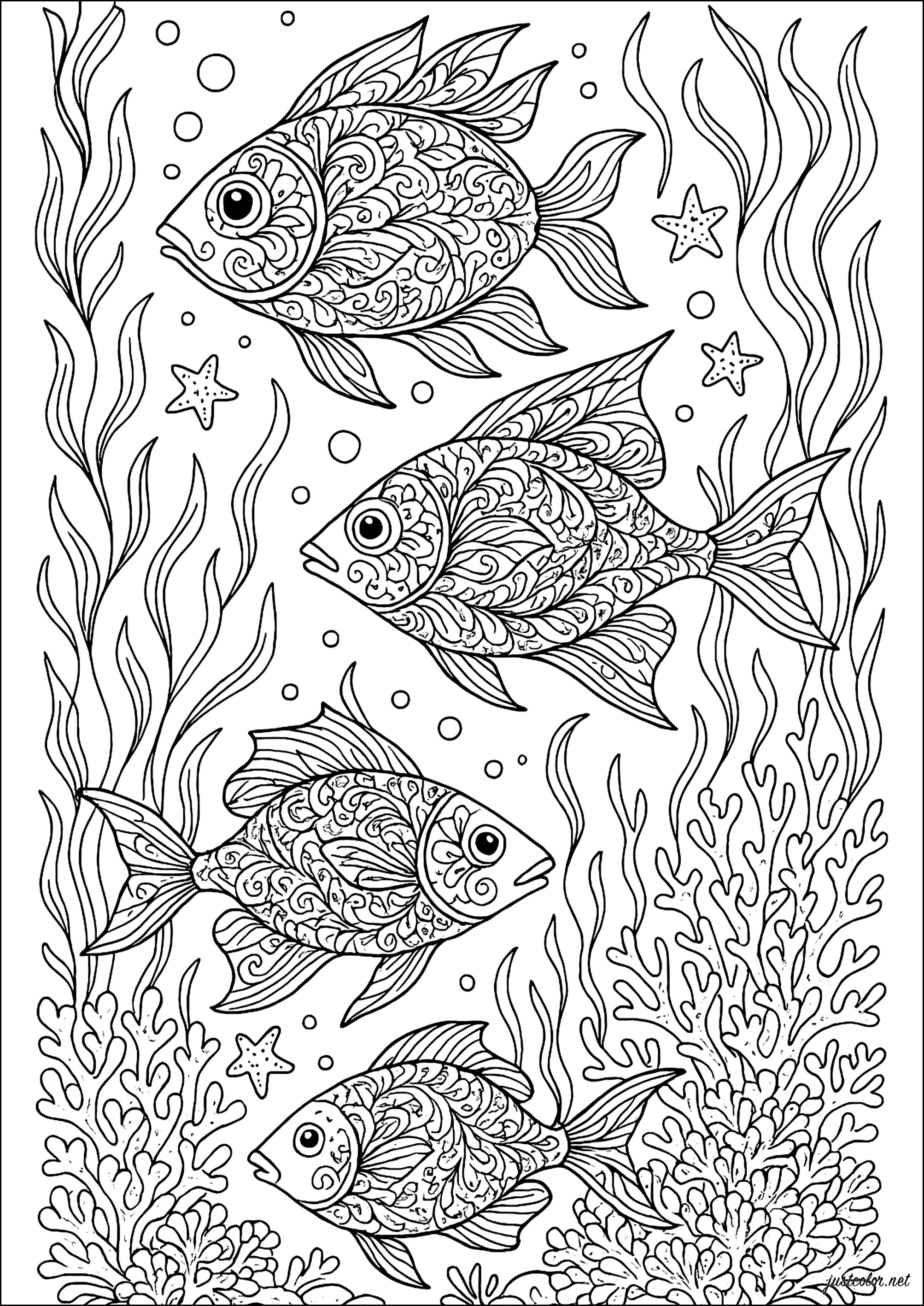 Ballet acuático entre hermosos corales (Página de Peces para imprimir para adultos)