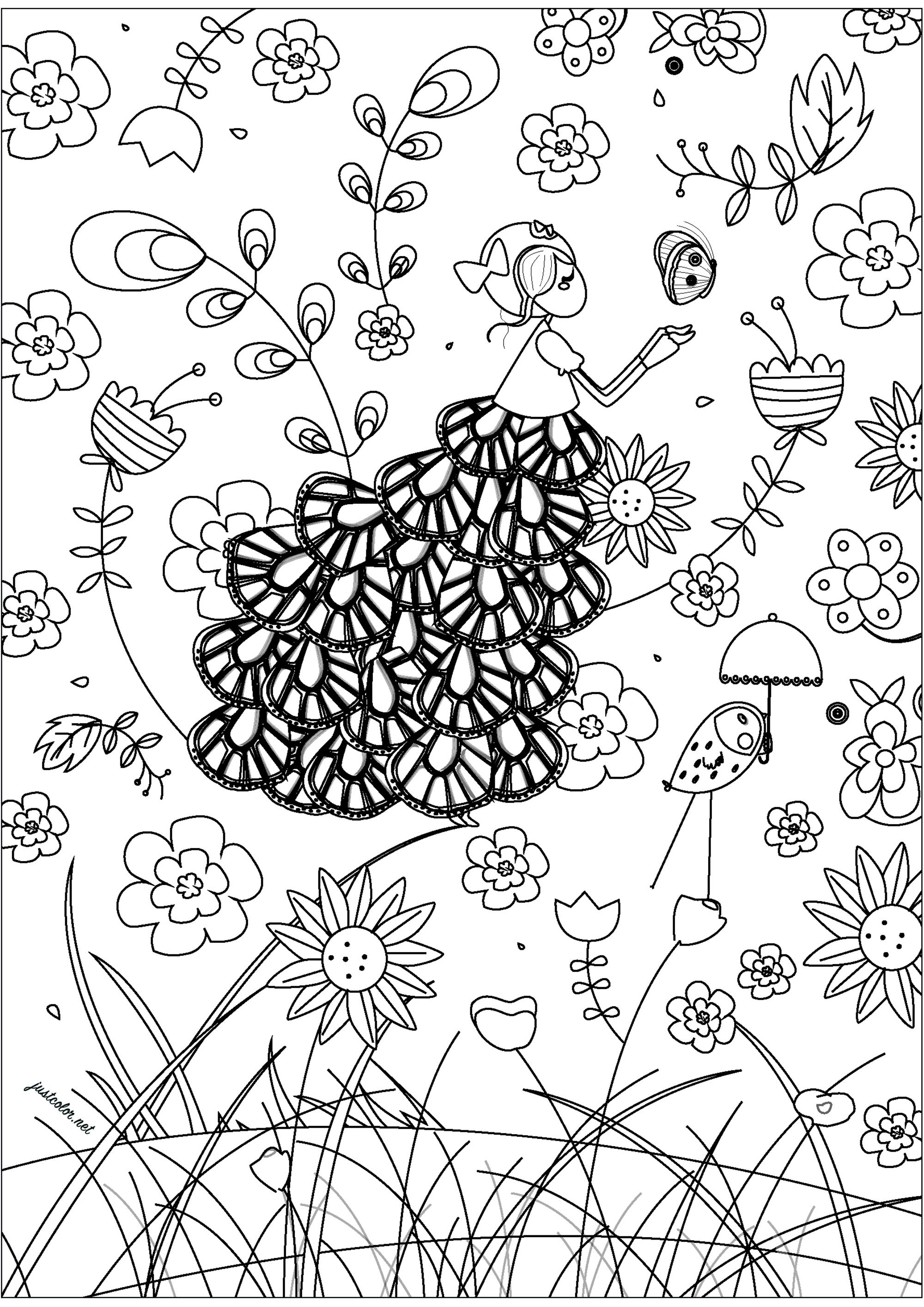 Hada flotando en medio de las flores del campo. Esta página para colorear es una invitación a soñar despierto y relajarse. Una elegante hada flota en medio de una variedad de hermosas flores, creando un paisaje encantador.