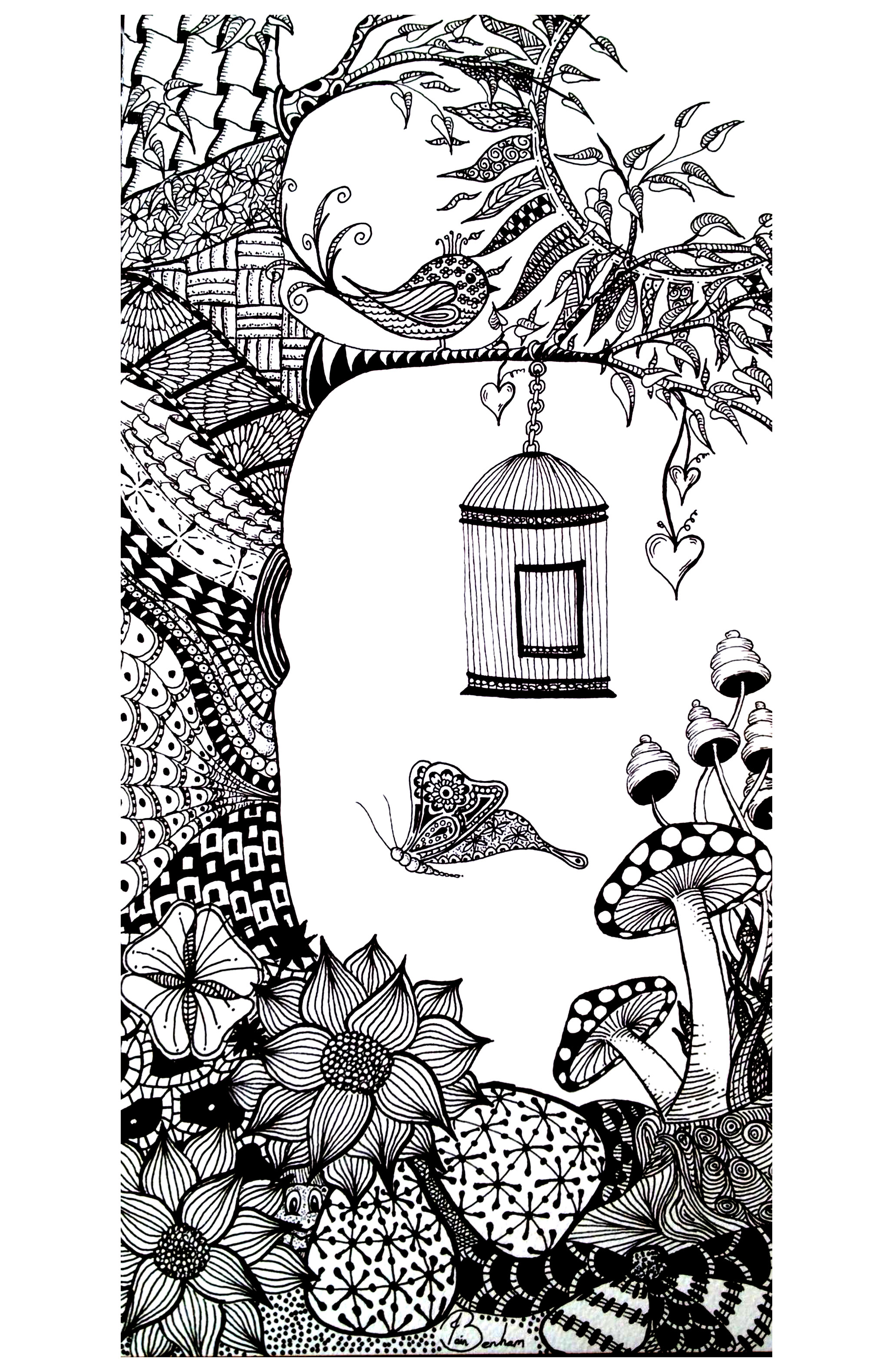 Dibujo para colorear con un árbol, un pájaro, mariposas ... Patrones coloridos de Zentangle