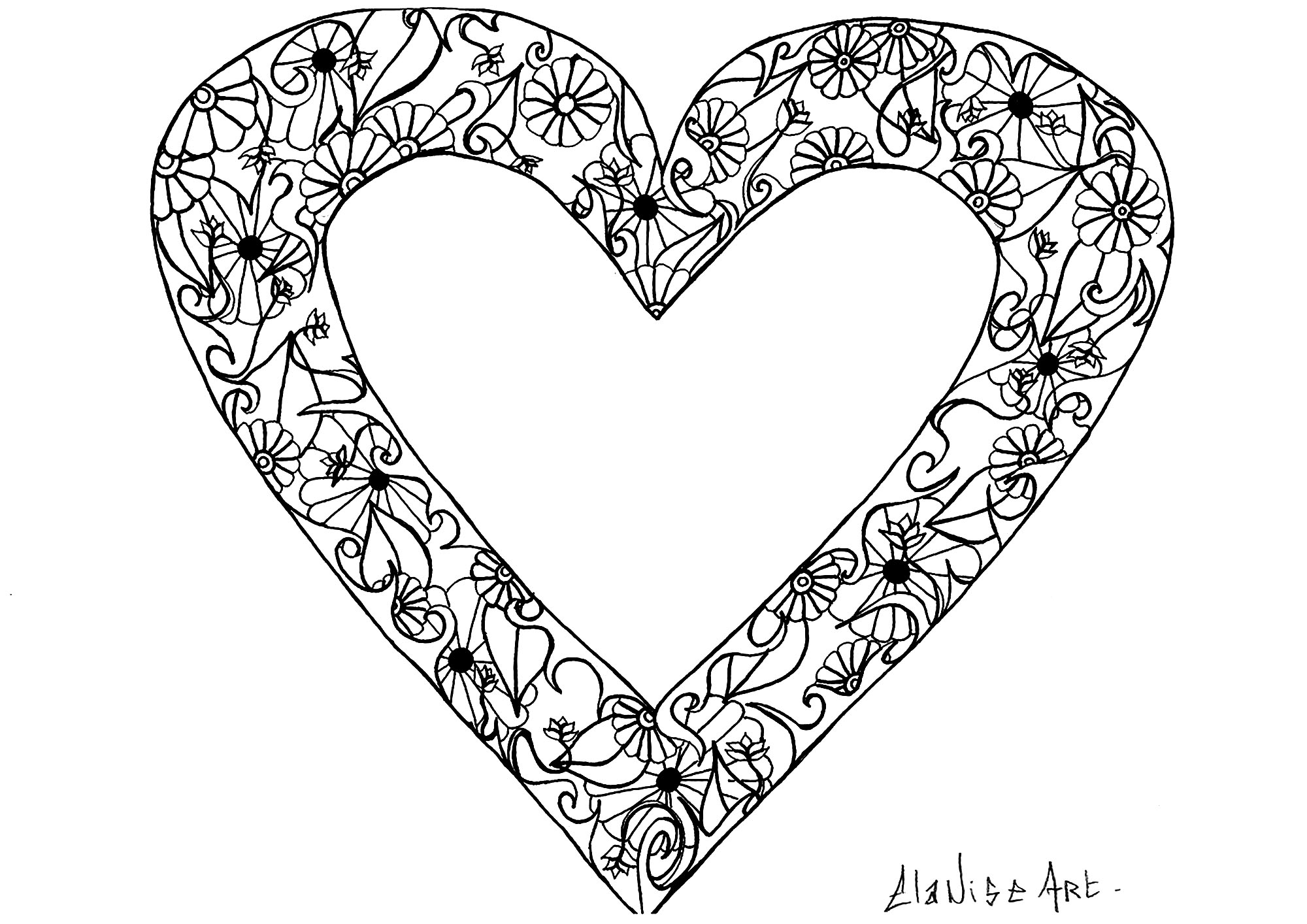 Fresco dibujo con un corazón que contiene flores y hojas sencillas