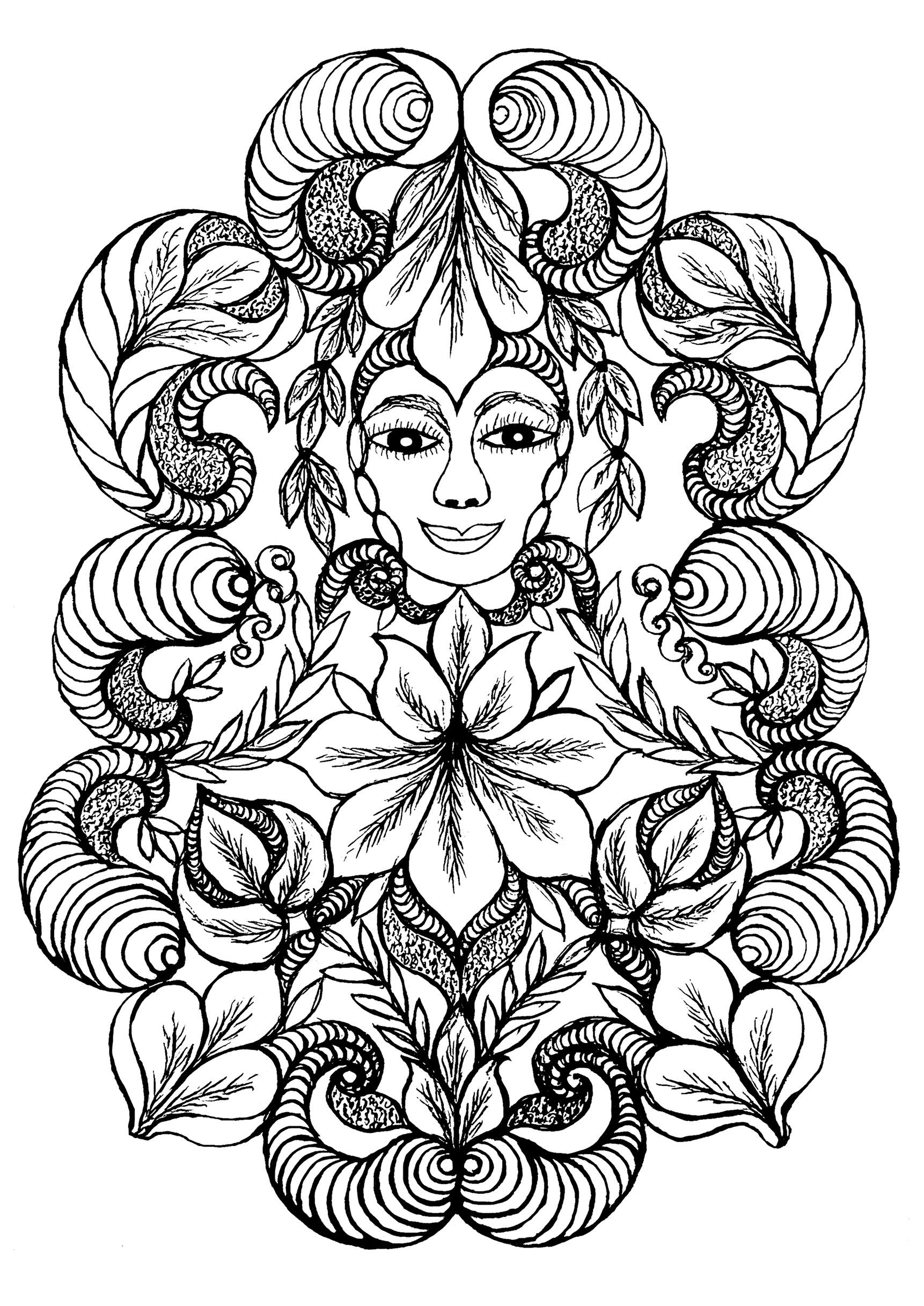 Mujer flor, una página para colorear inspirada en las pinturas de Minnie Evans.  Las pinturas y dibujos coloreados de Minnie Evans (1892, 1987) son surrealistas sin intelectualismo ni autoconciencia.