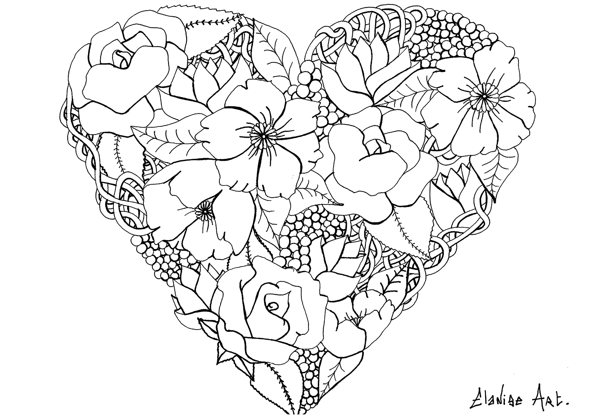 Flores en un corazón (Página de Flores y vegetación para imprimir para adultos)