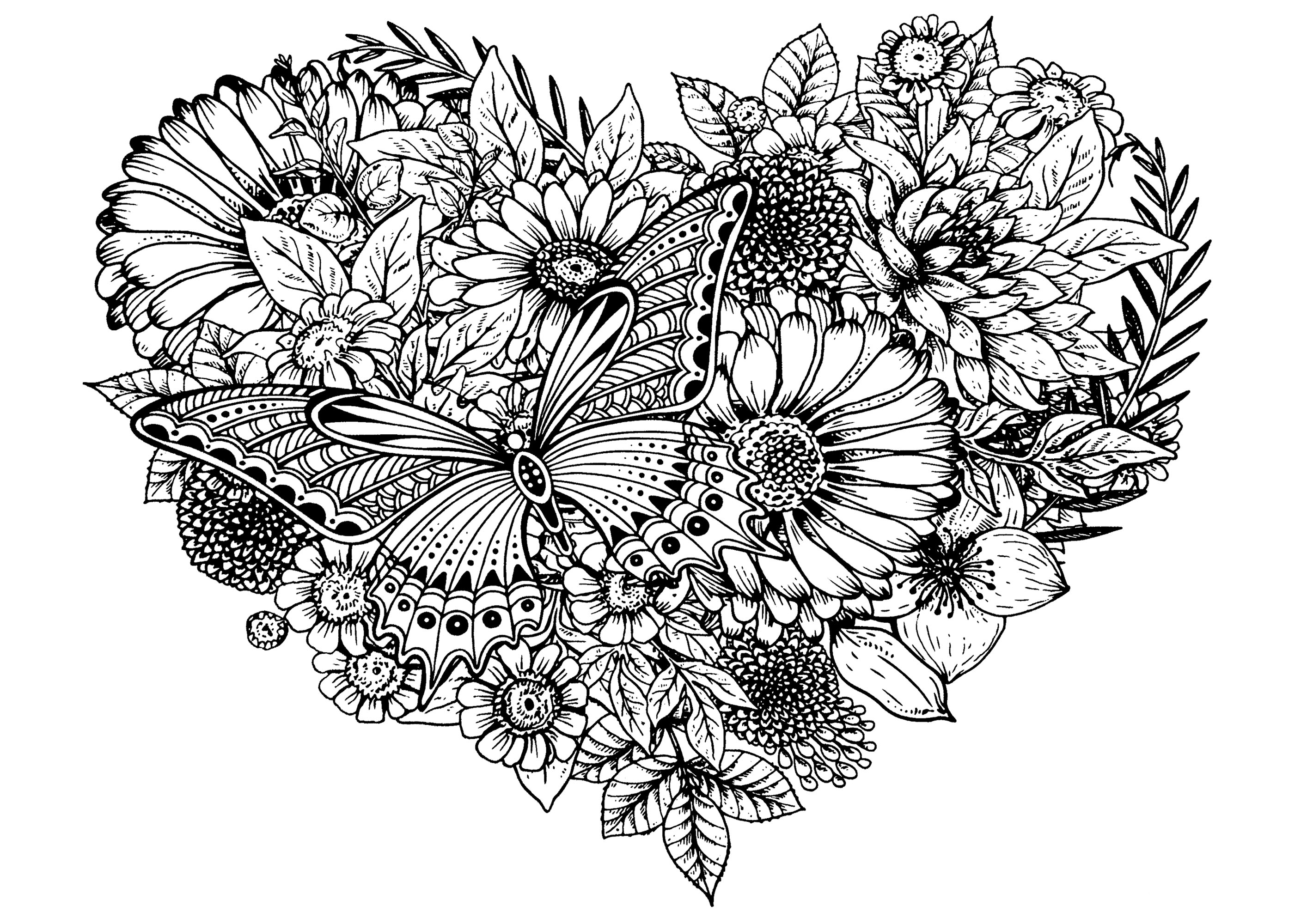 En este corazón tendrás que colorear flores, hojas y una magnífica mariposa, Artista : Art'Isabelle En este corazón tendrás que colorear flores, hojas y una magnífica mariposa, Artista : Art'Isabelle