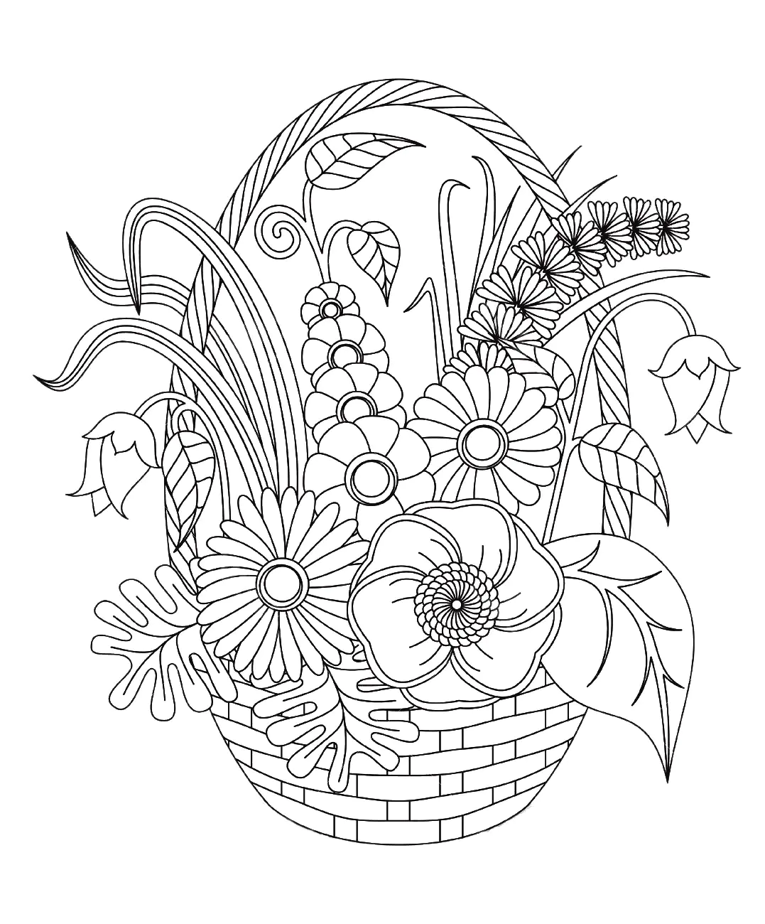 Cesta Floral Botánica Harmony (Página de Flores y vegetación para imprimir para adultos)
