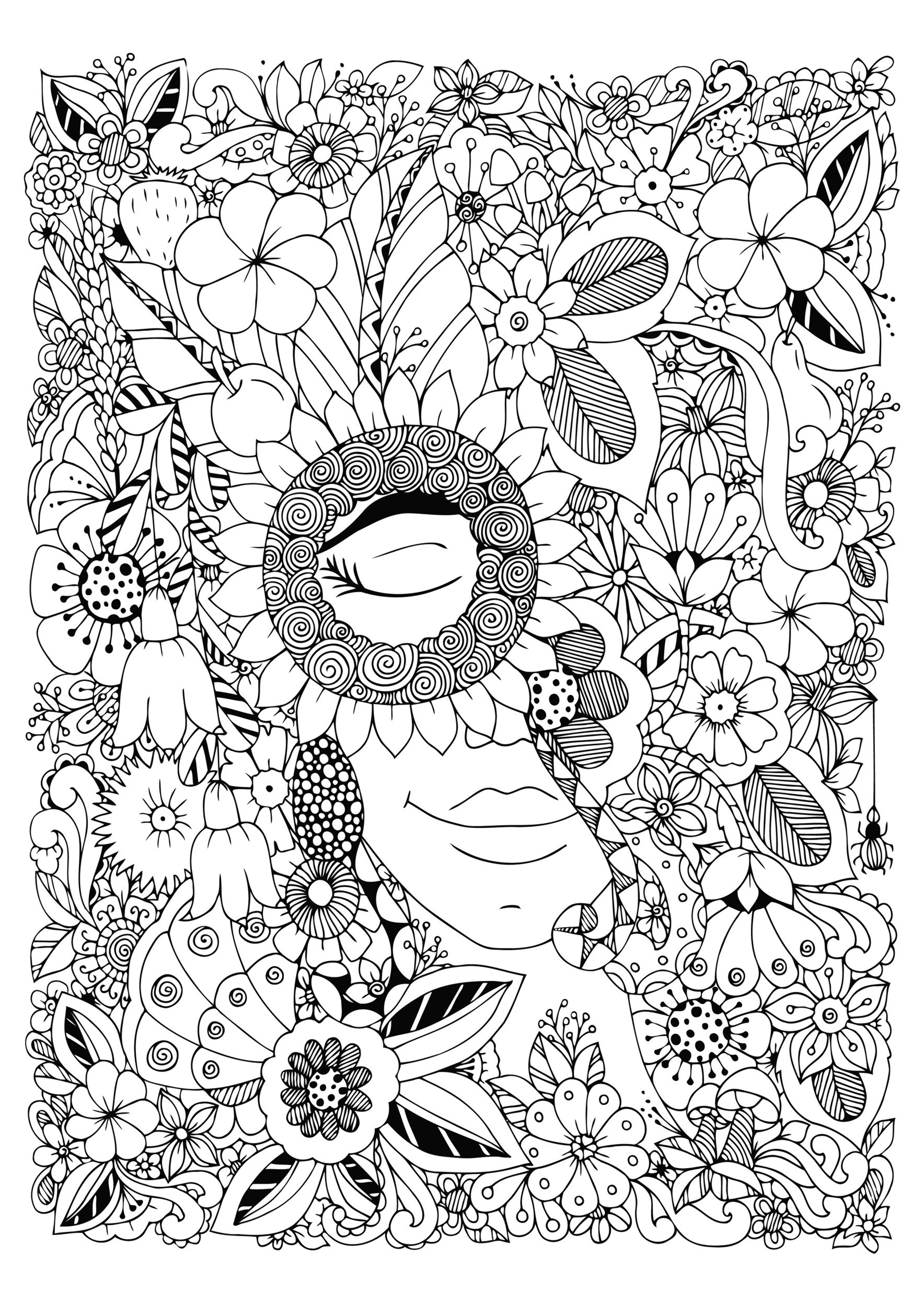 Mujer con los ojos cerrados, escondida en medio de bonitas flores muy variadas, Artista : Tanvetka Origen : 123rf Mujer con los ojos cerrados, escondida en medio de bonitas flores muy variadas, Artista : Tanvetka Origen : 123rf