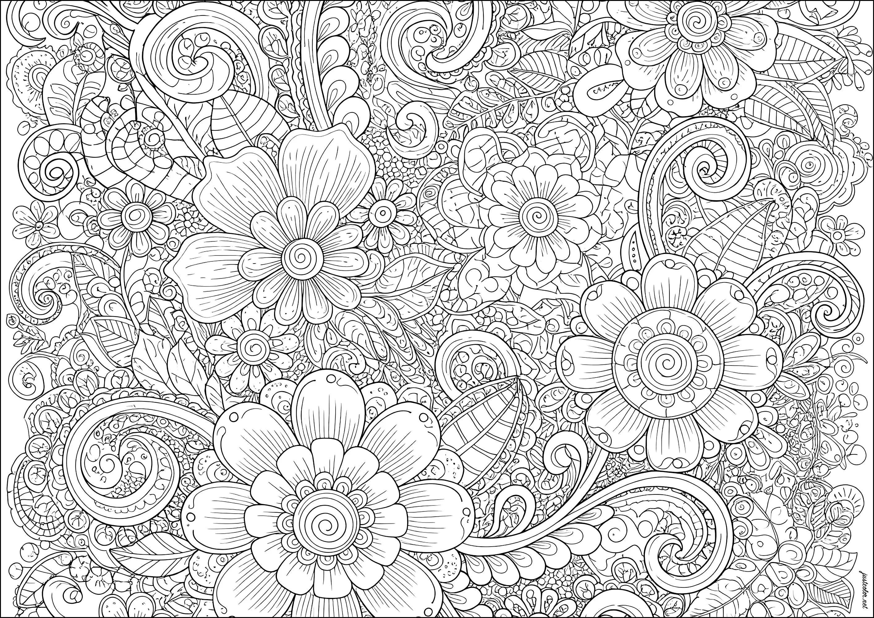 Complejas flores entrelazadas (Página de Flores y vegetación para imprimir para adultos)