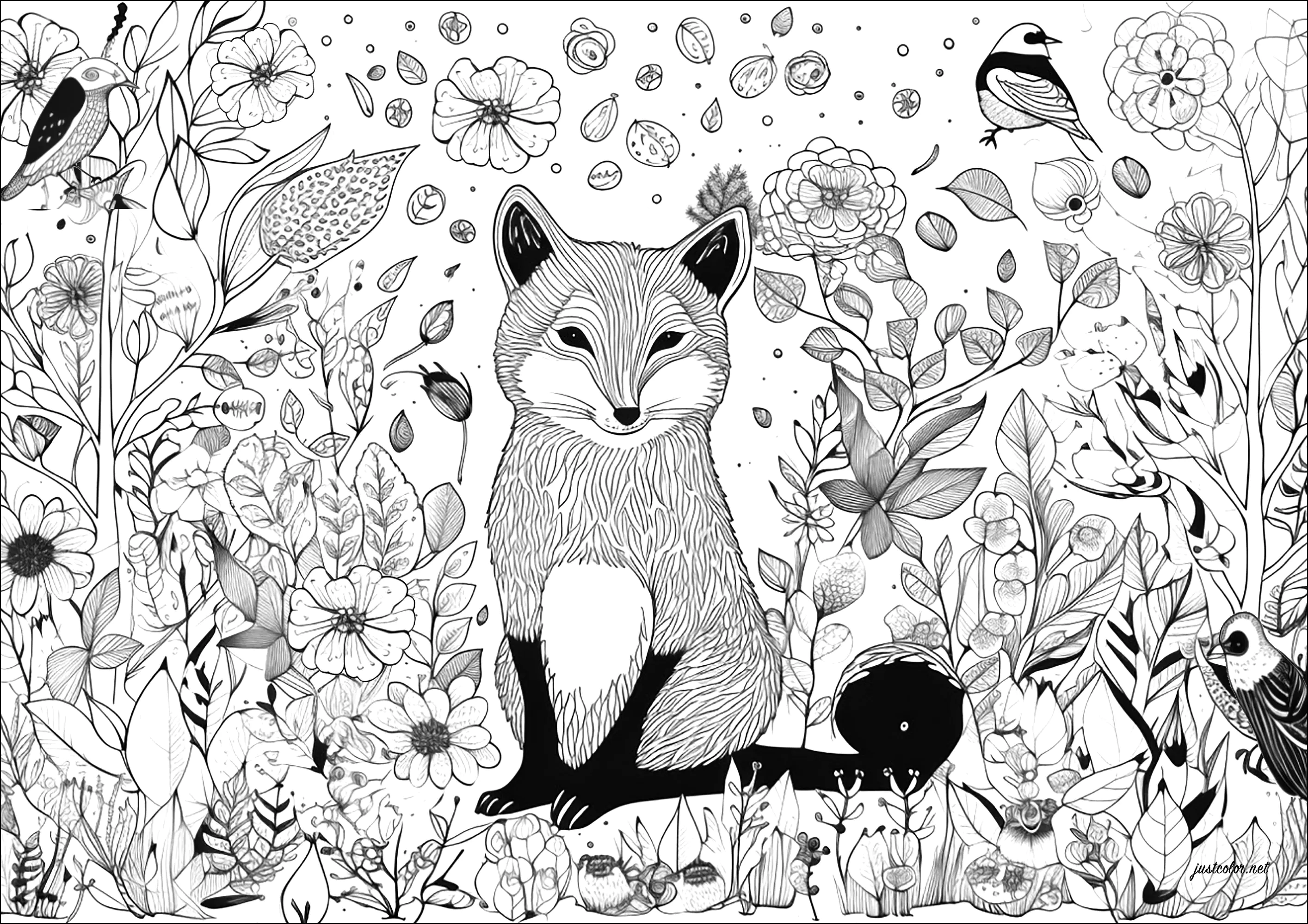 Zorro entre flores, hojas y pájaros (Página para imprimir para adultos)