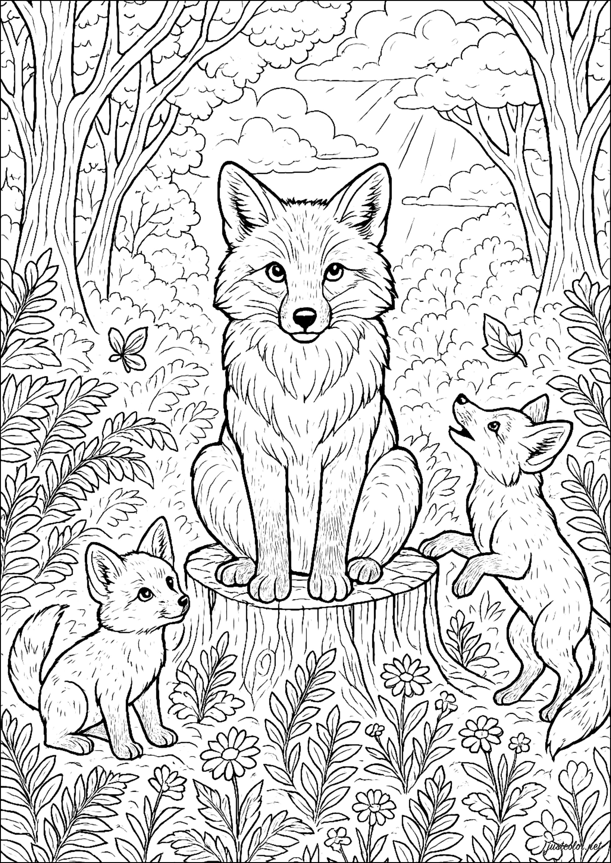 Zorros en el Bosque Encantado (Página para imprimir para adultos)