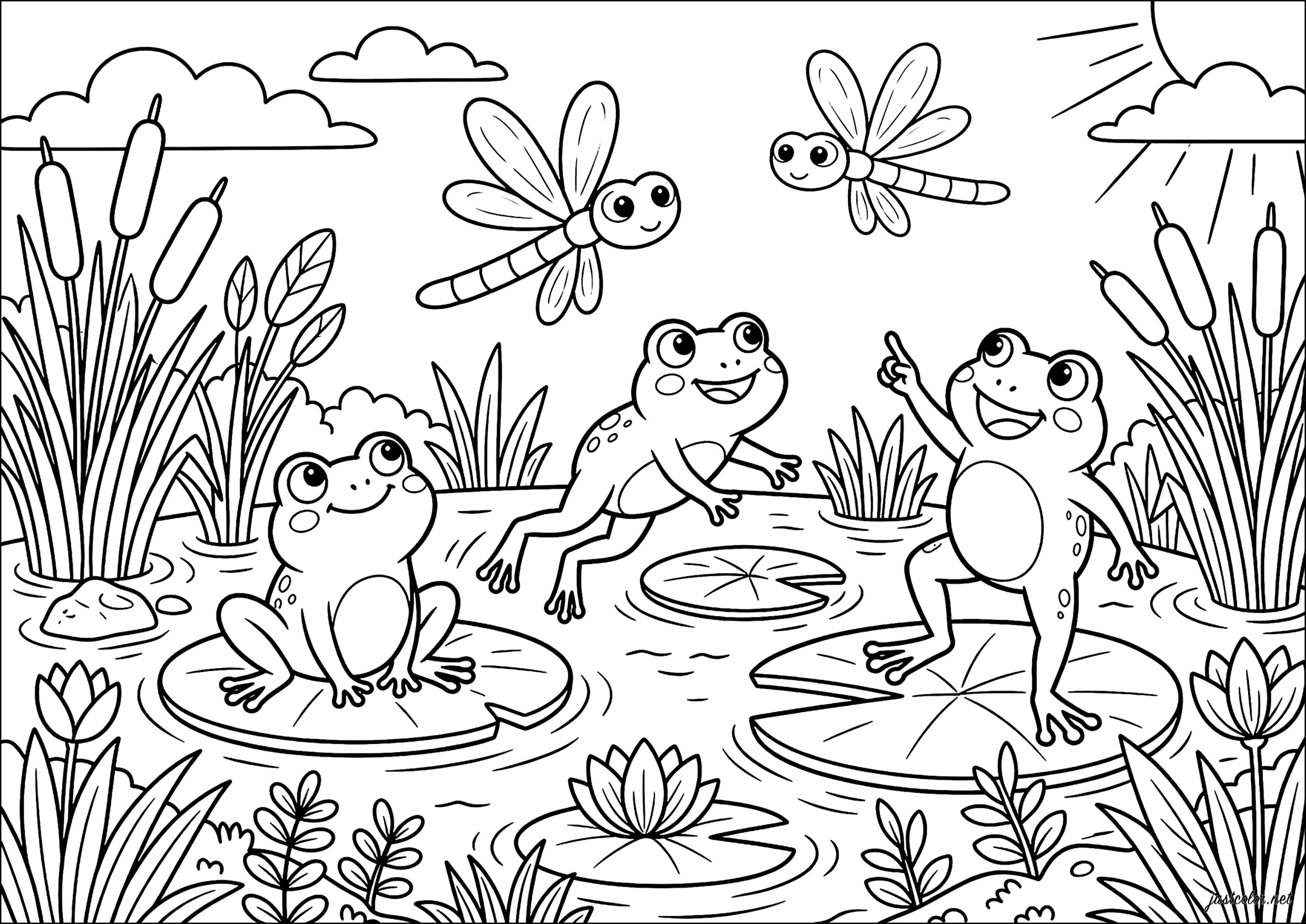 Encuentro alegre junto al estanque (Página de Ranas para imprimir para adultos)