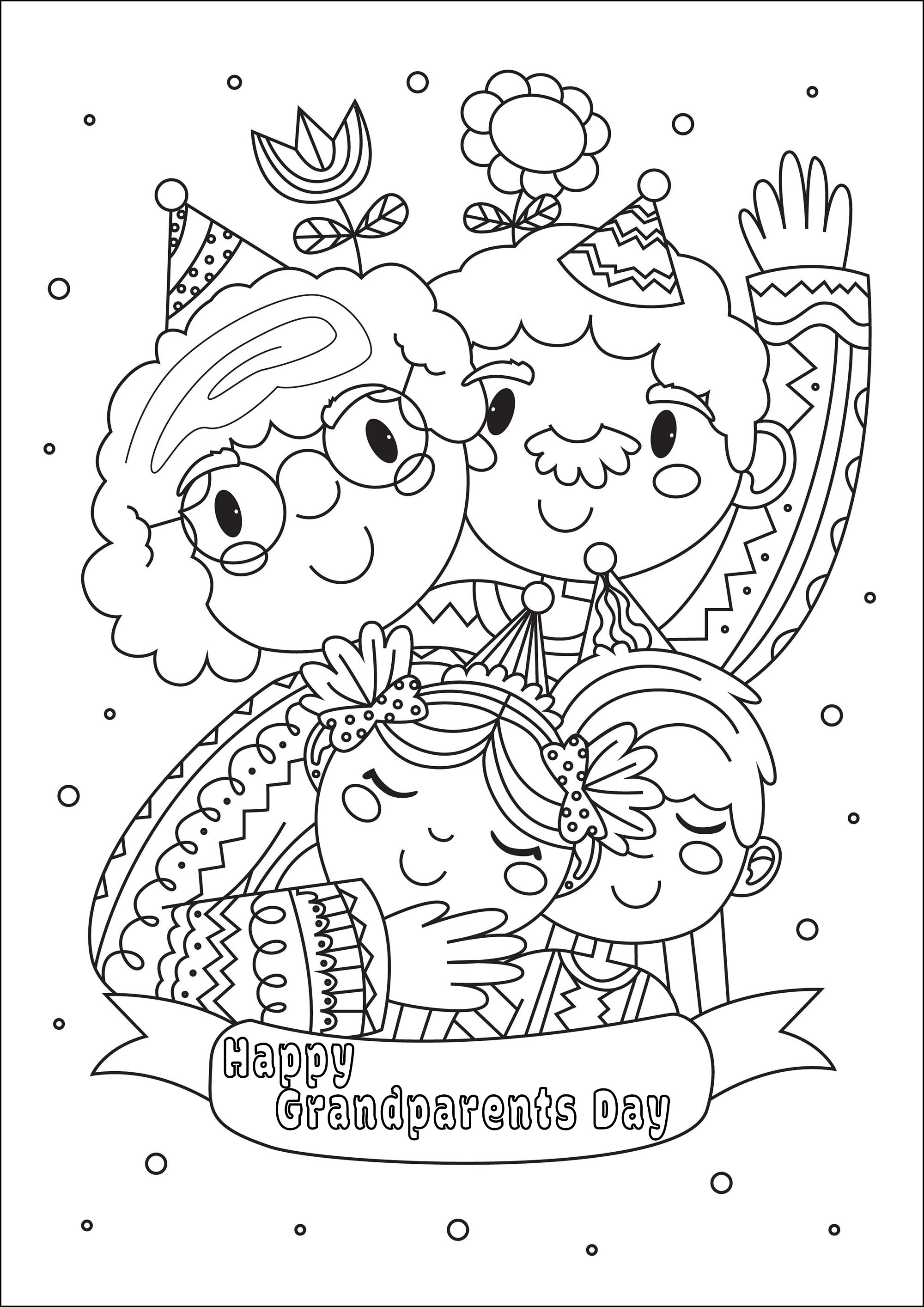 Colorear para el Día de los Abuelos. Una bonita página para colorear con dos niños, su abuelo y su abuela, Artista : Gaelle Picard