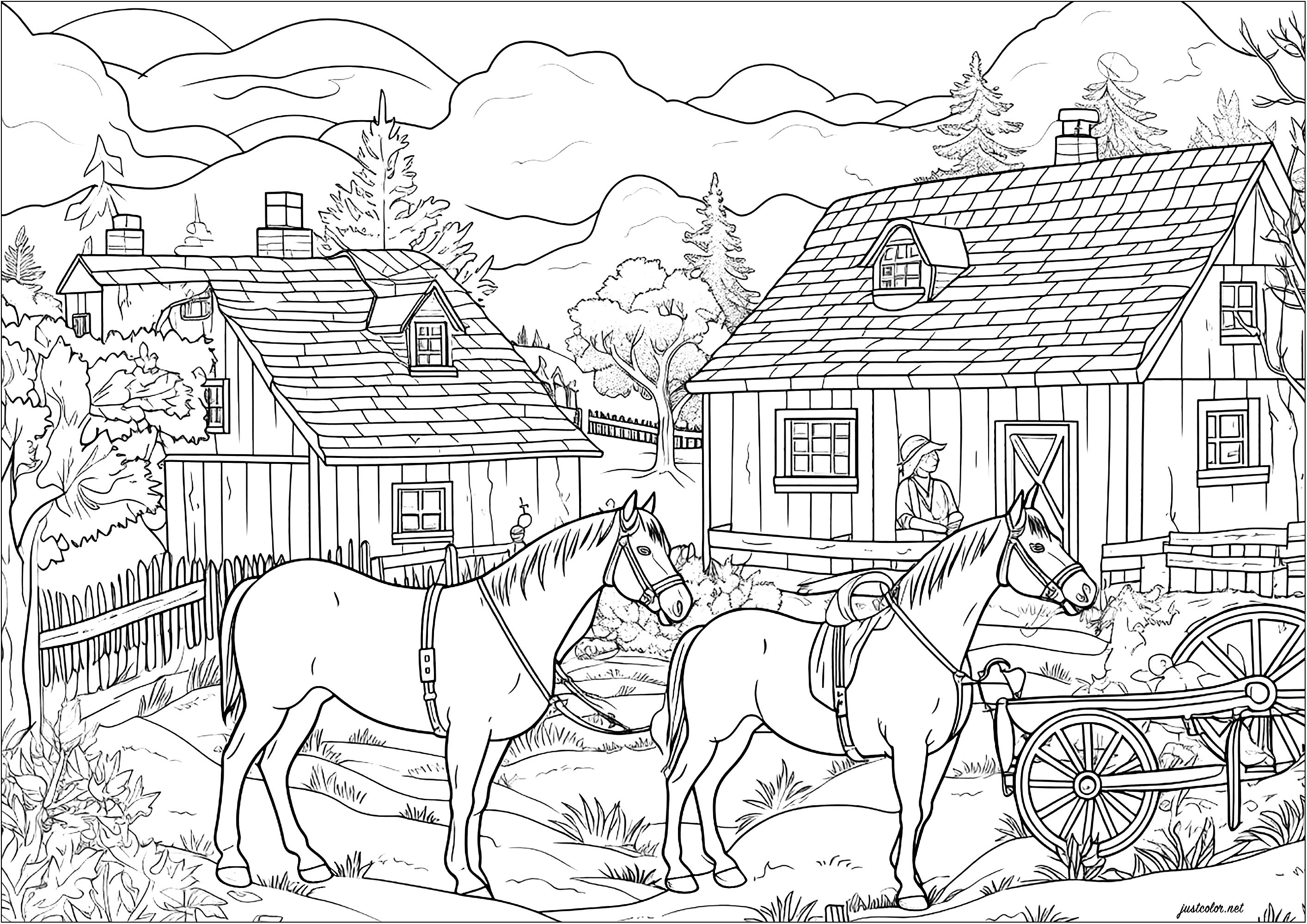 Dos caballos en una granja. Una página para colorear llena de detalles