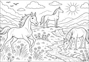 Trío Ecuestre en Pradera (Página de Caballos  para imprimir)