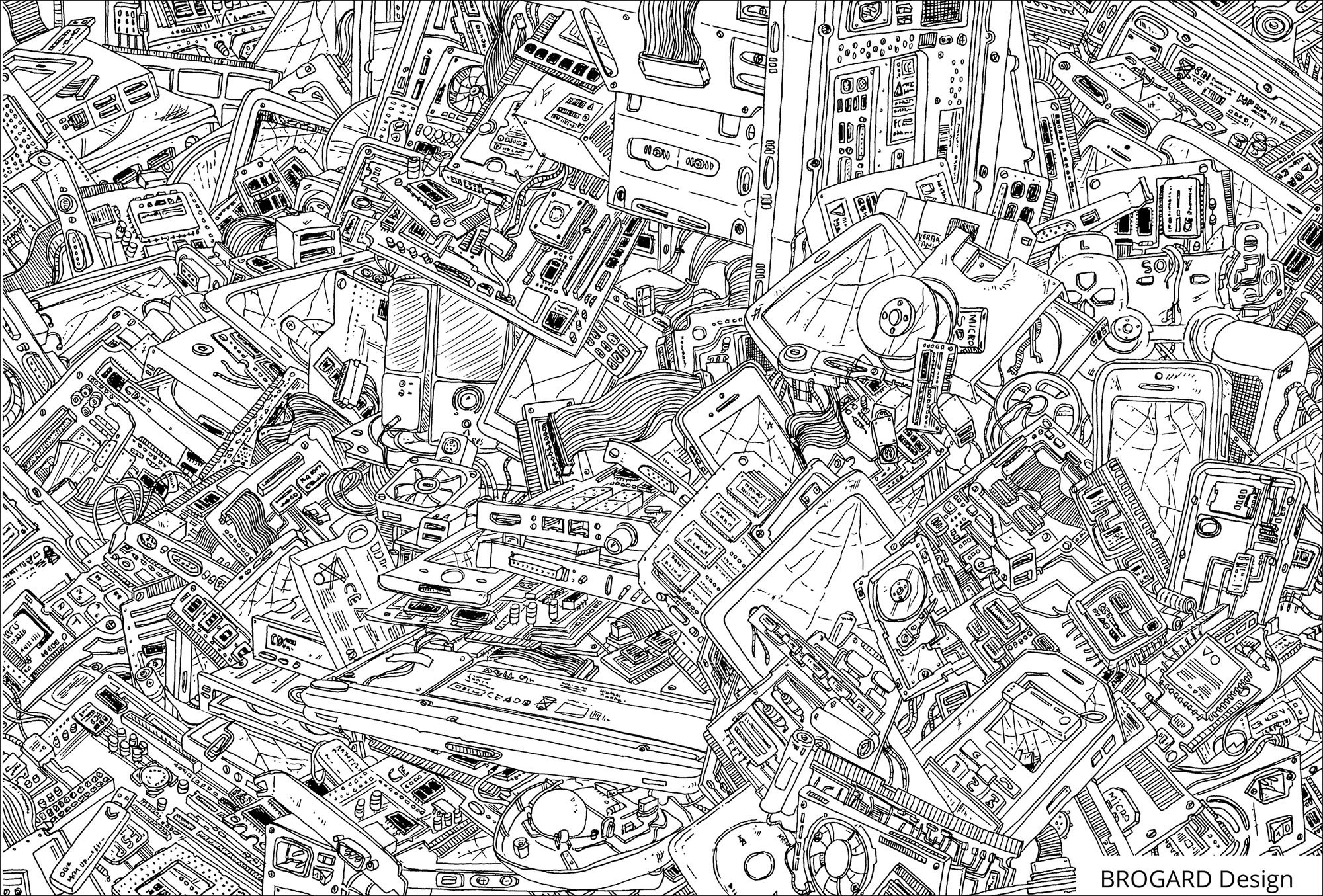 Un montón de detalles para colorear en este dibujo lleno de elementos electrónicos de ordenadores, Artista : Frédéric Brogard