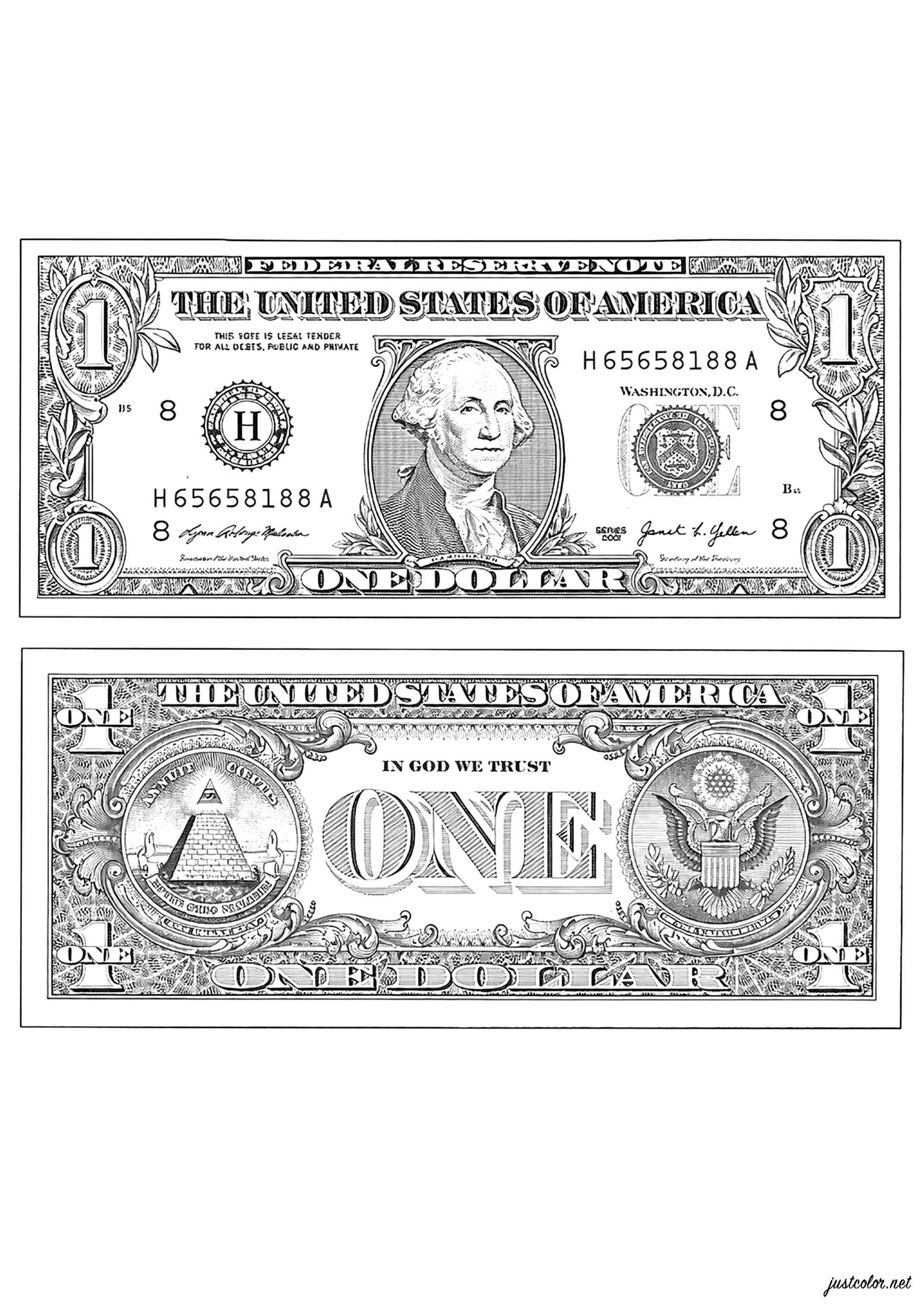 1 Billete de Dólar Estadounidense (Página Inclasificable para imprimir para adultos)