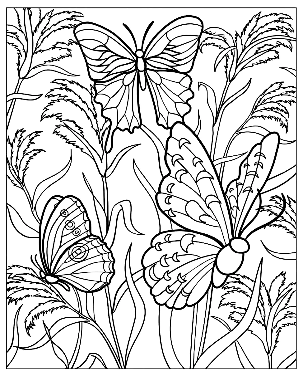 Mariposas en una naturaleza verde (Página de Mariposas e insectos para imprimir para adultos)