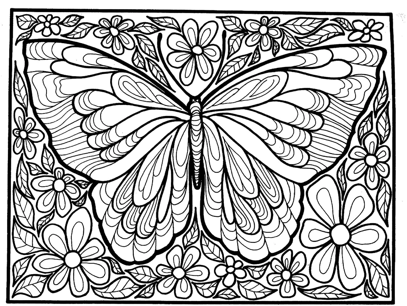 Colorido complejo de una gran mariposa rodeada de flores (Página de Mariposas e insectos para imprimir para adultos)