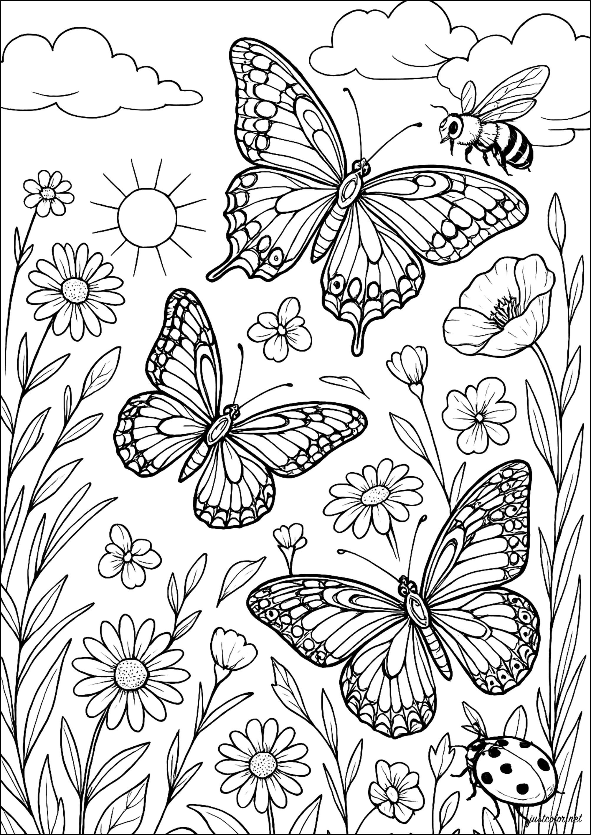 Ballet alado en la naturaleza (Página de Mariposas e insectos para imprimir para adultos)