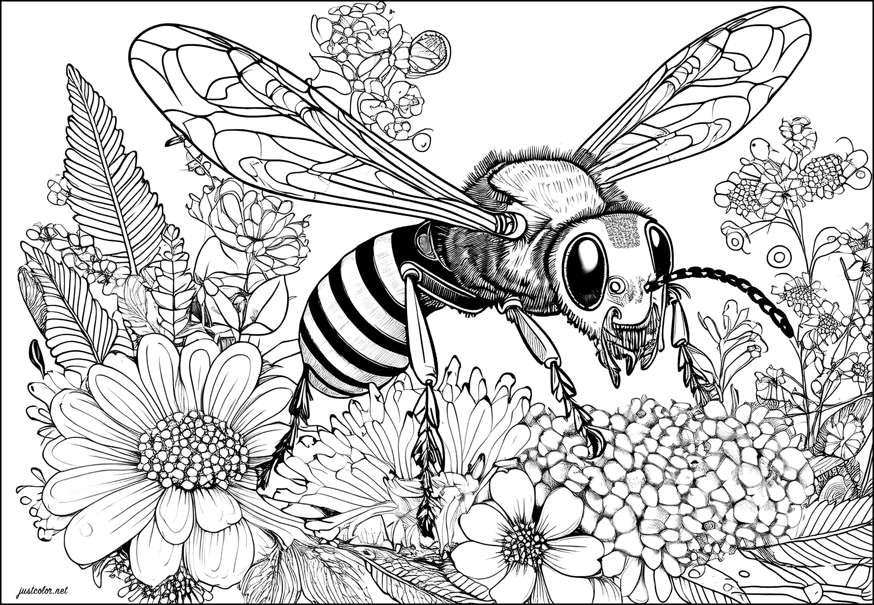 Avispa realista sobre una alfombra de flores (Página de Mariposas e insectos para imprimir para adultos)