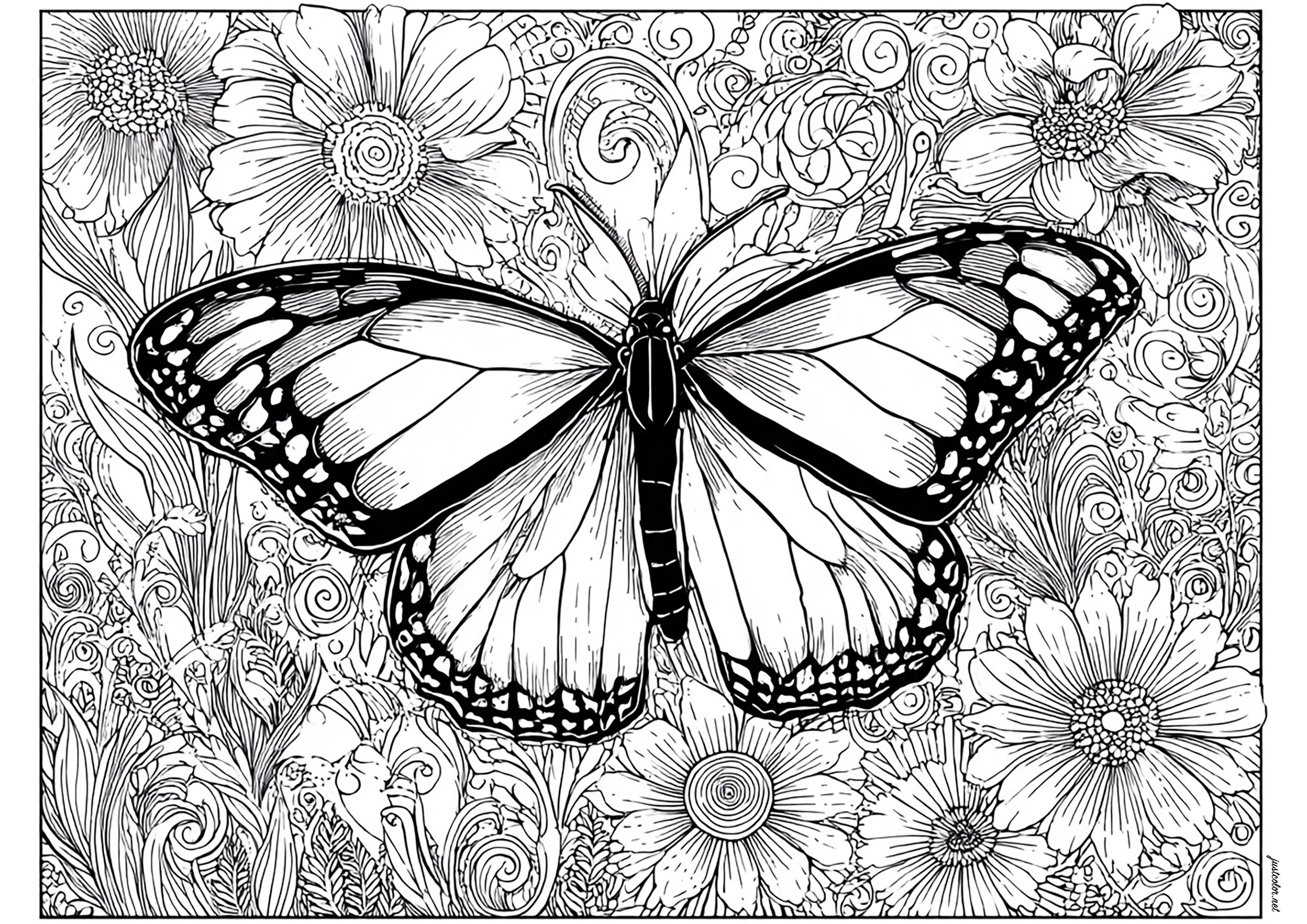 Mariposa majestuosa y hermosas flores (Página de Mariposas e insectos para imprimir para adultos)