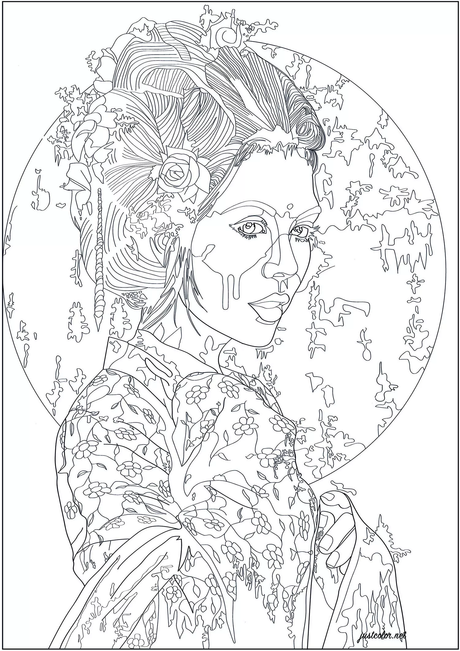 Retrato de una niña japonesa (Página de Japón para imprimir para adultos)