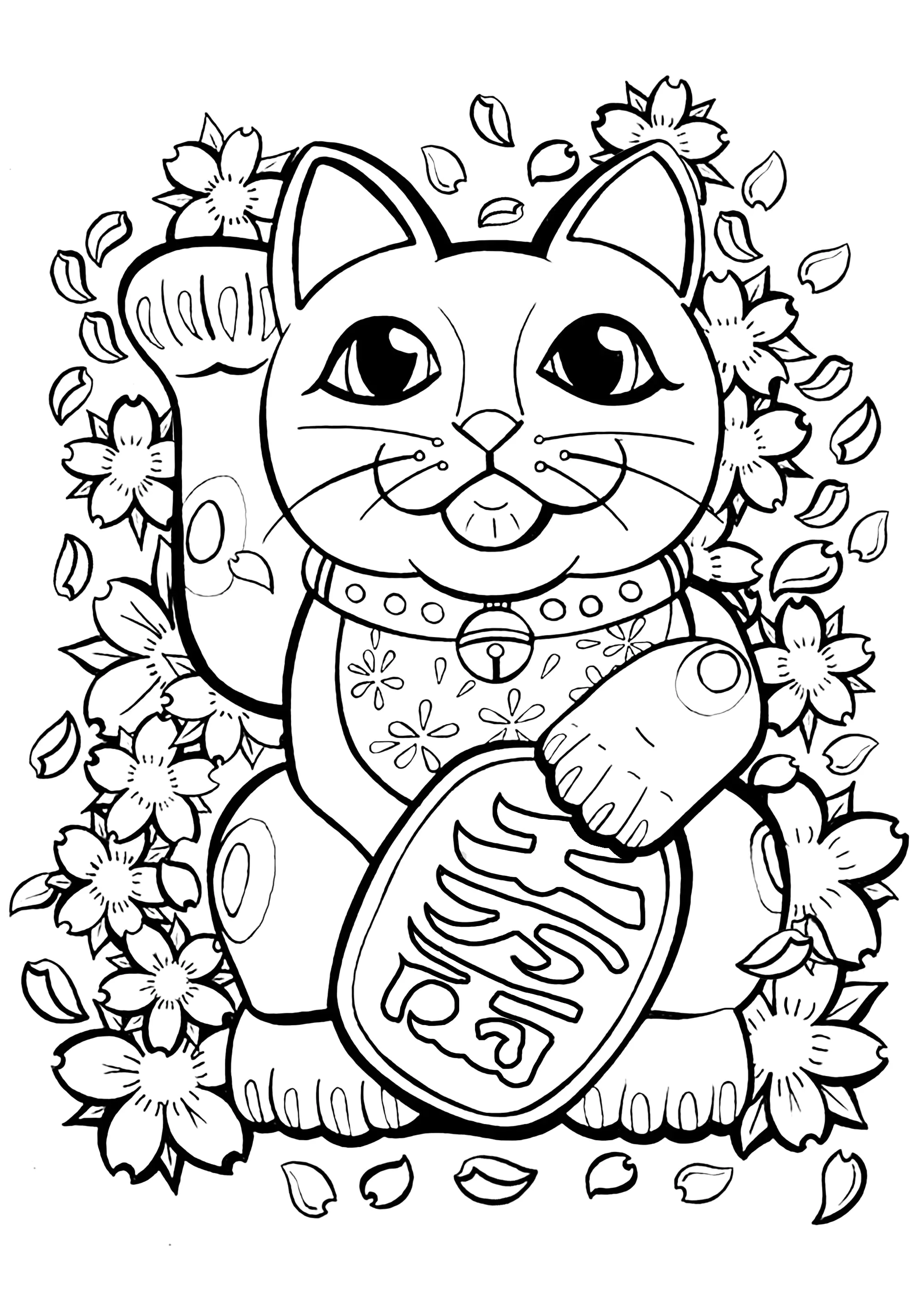 Maneki Neko con flores y hojas (Página de Japón para imprimir para adultos)