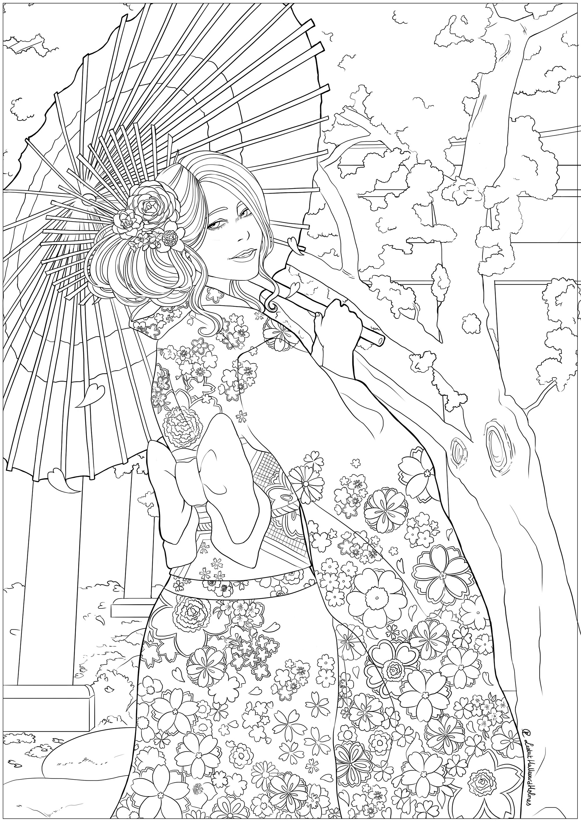 Una elegante joven delante de un templo y cerezos en flor, con su mejor yukata. Dibujo para celebrar el Hanami, la fiesta japonesa de la primavera, Artista : Lestat Hallward Holmes