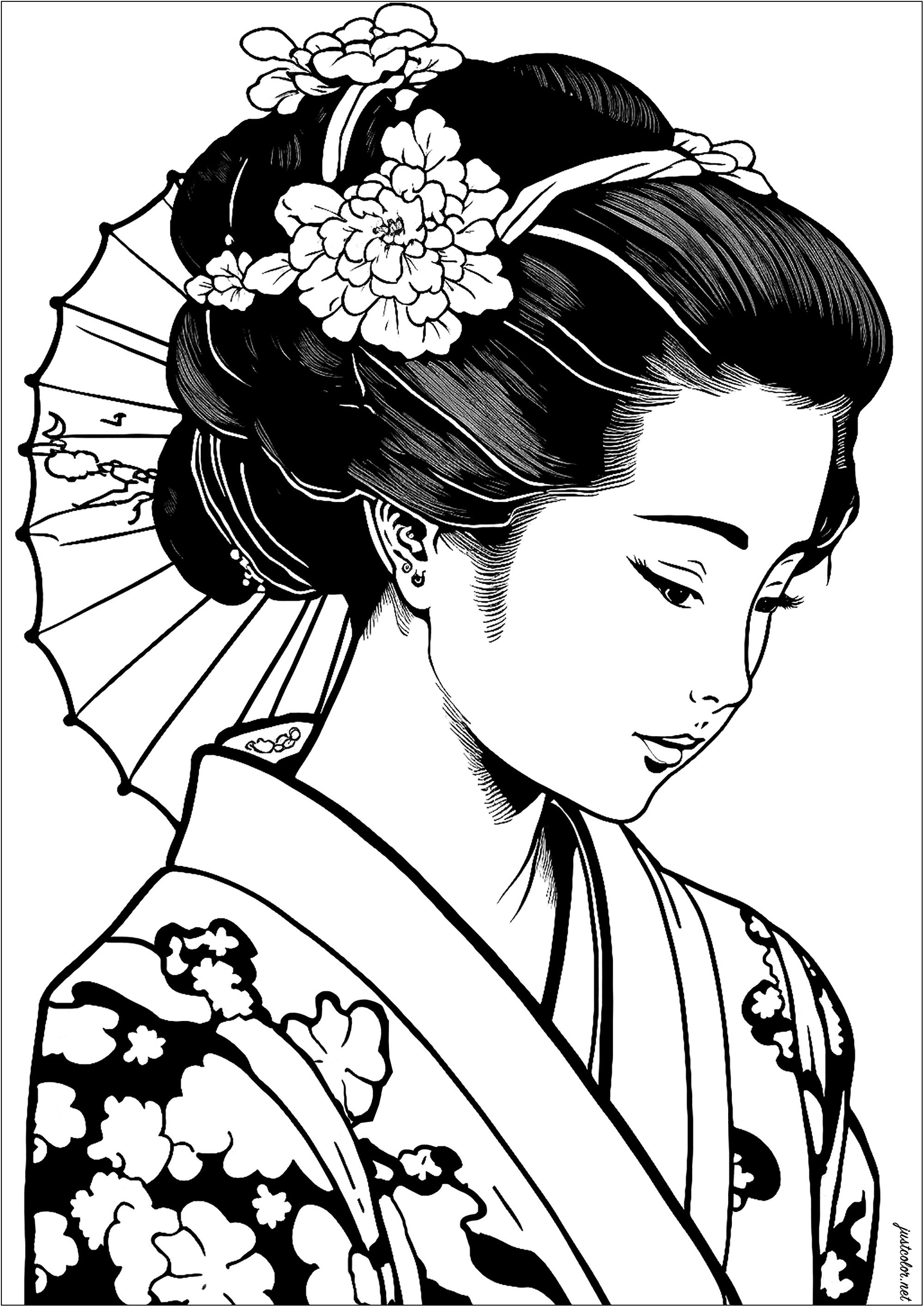 Una bonita Geisha, muy realista, para colorear. Esta página para colorear es elegante y encantadora. Deja volar tu imaginación y añade bonitos colores a su kimono, su sombrilla y las flores de su diadema.