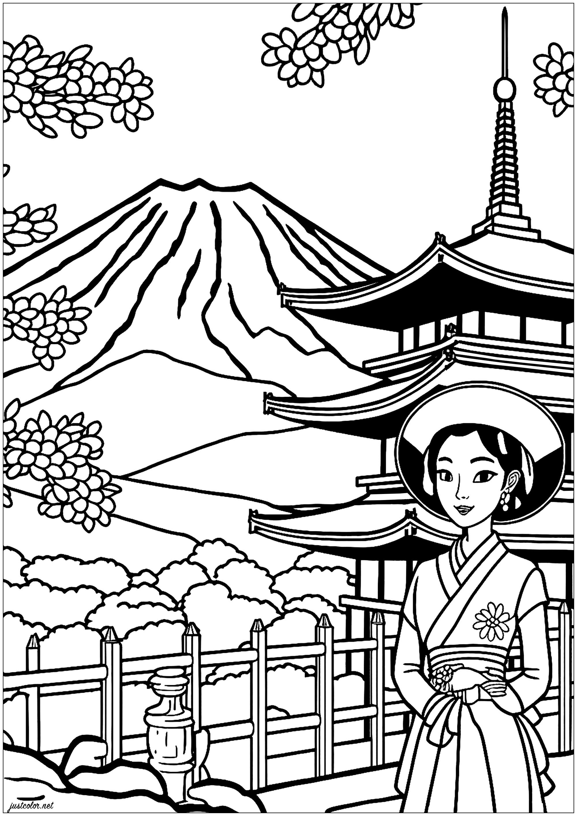 Colorear a una joven geisha. En el fondo, relajarse profundamente colorear hermoso templo japonés y el Monte Fuji.