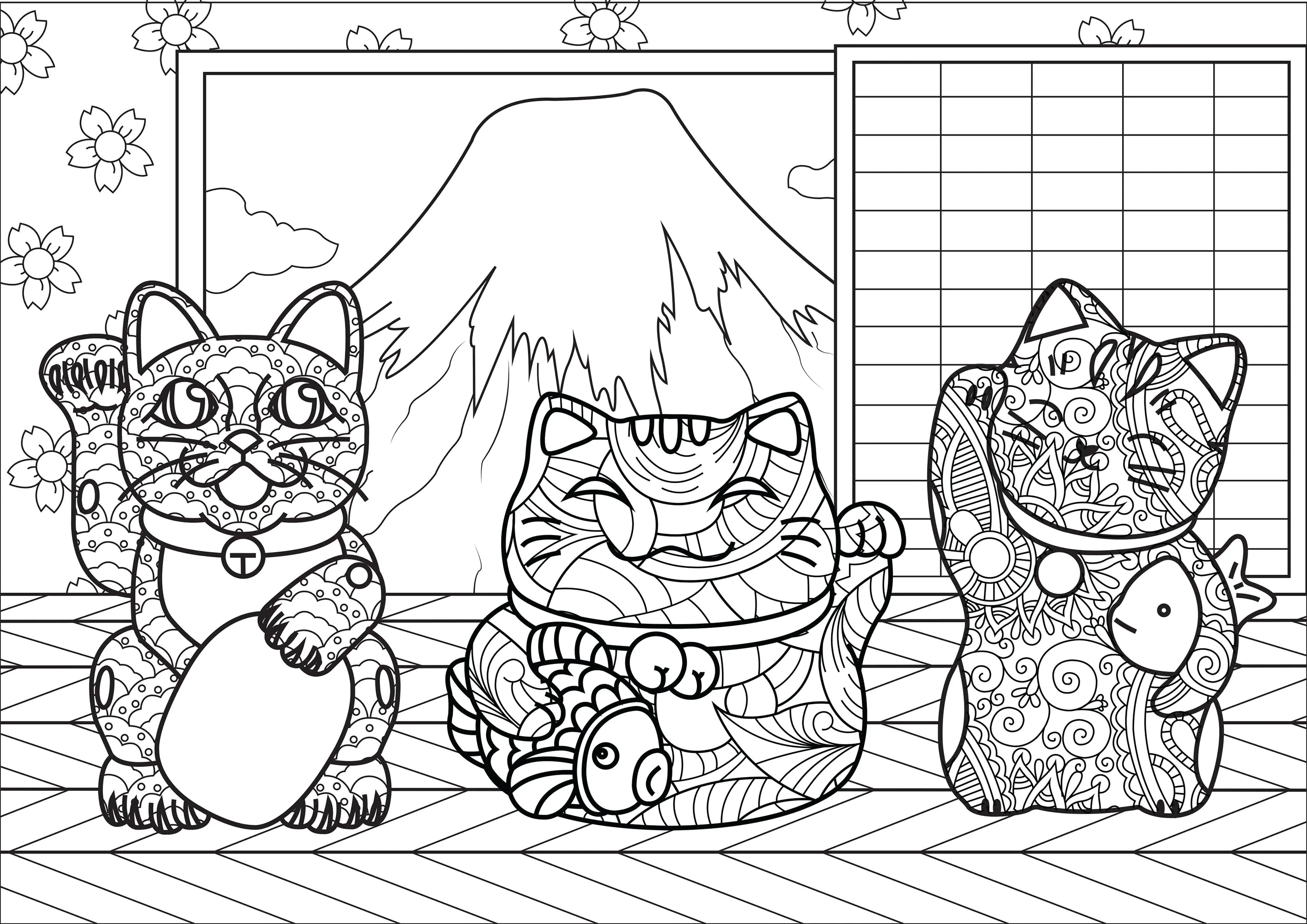 Maneki Neko frente al monte Fuji de Japón (versión compleja) (Página para imprimir para adultos)