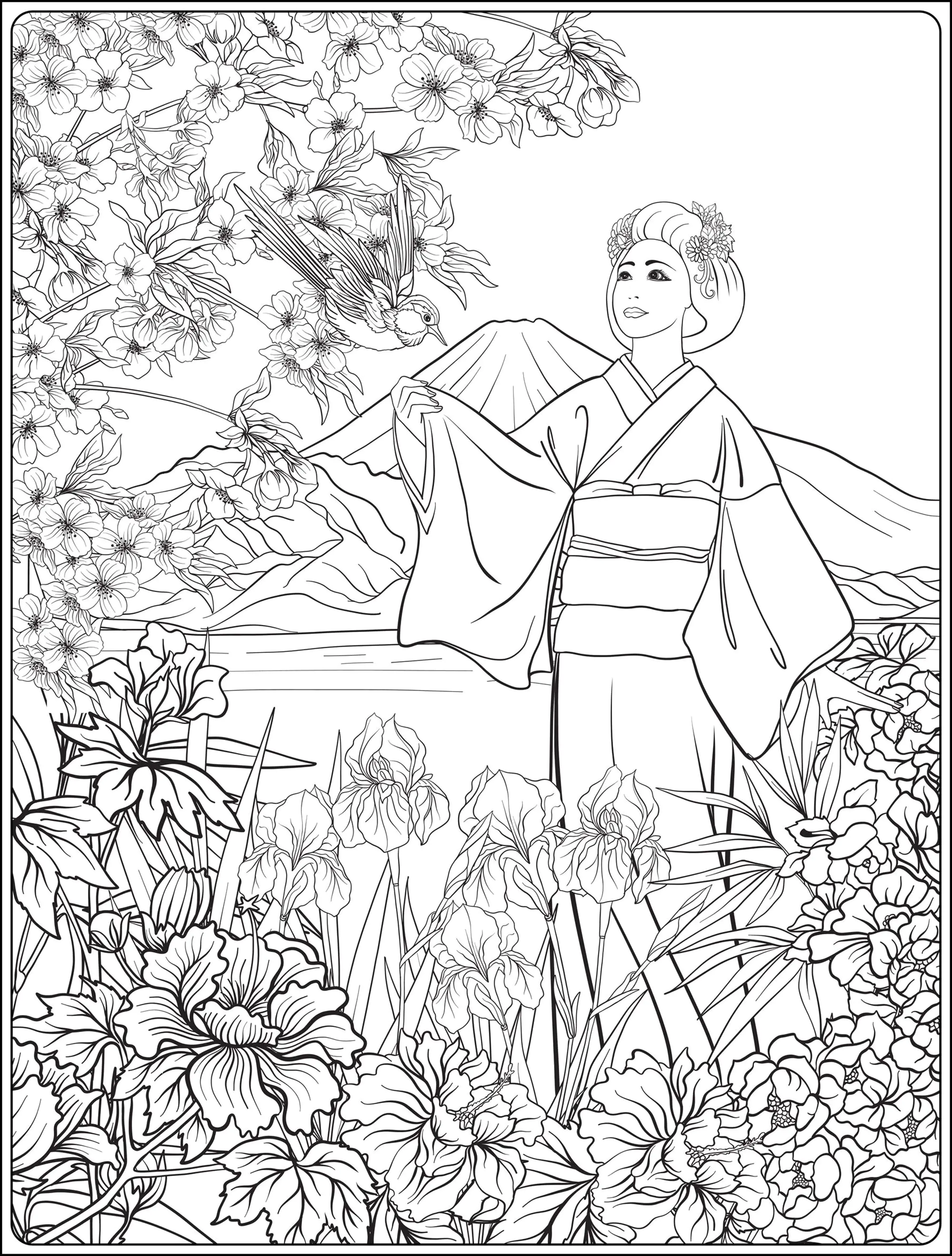 Mujer japonesa con kimono y el monte Fuji (Página de Japón para imprimir para adultos)