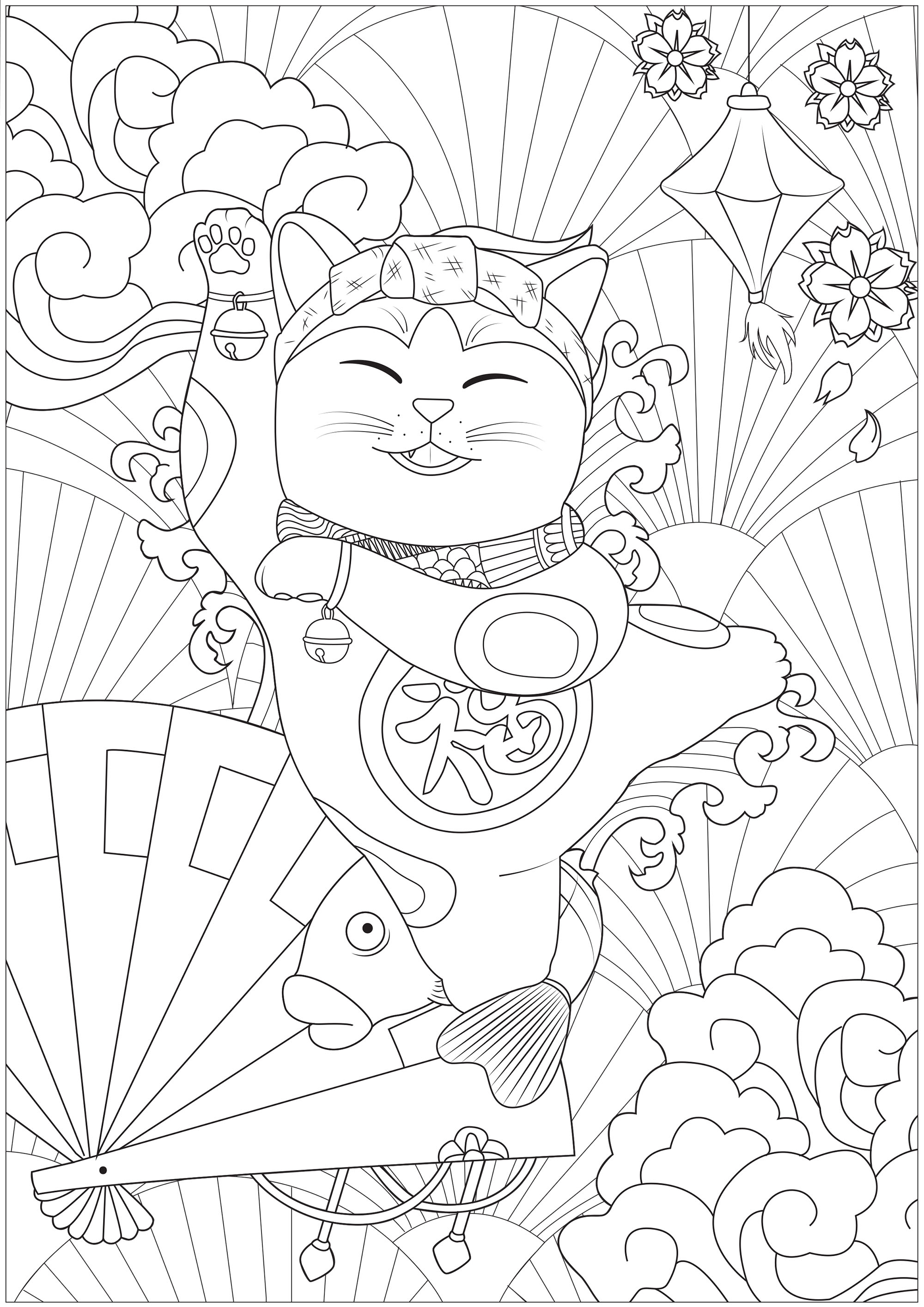 Una alegre Maneki Neko de fiesta delante de diferentes símbolos de Japón: linterna, la Gran Ola, cerezos en flor, abanicos...