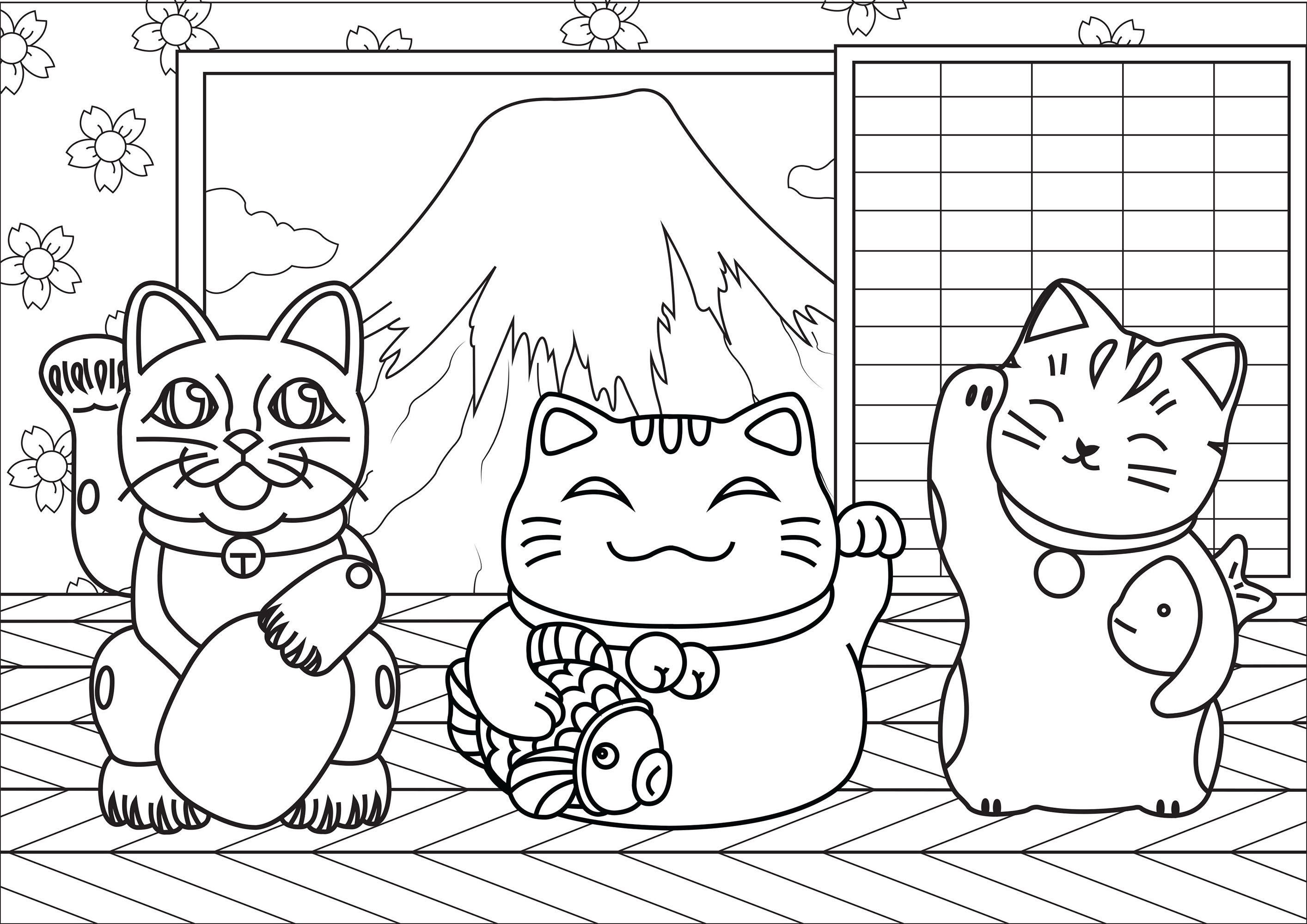 Colorea a estos tres gatos Maneki Neko, que están en una simpática casa frente al monte Fuji de Japón, Artista : Lucie