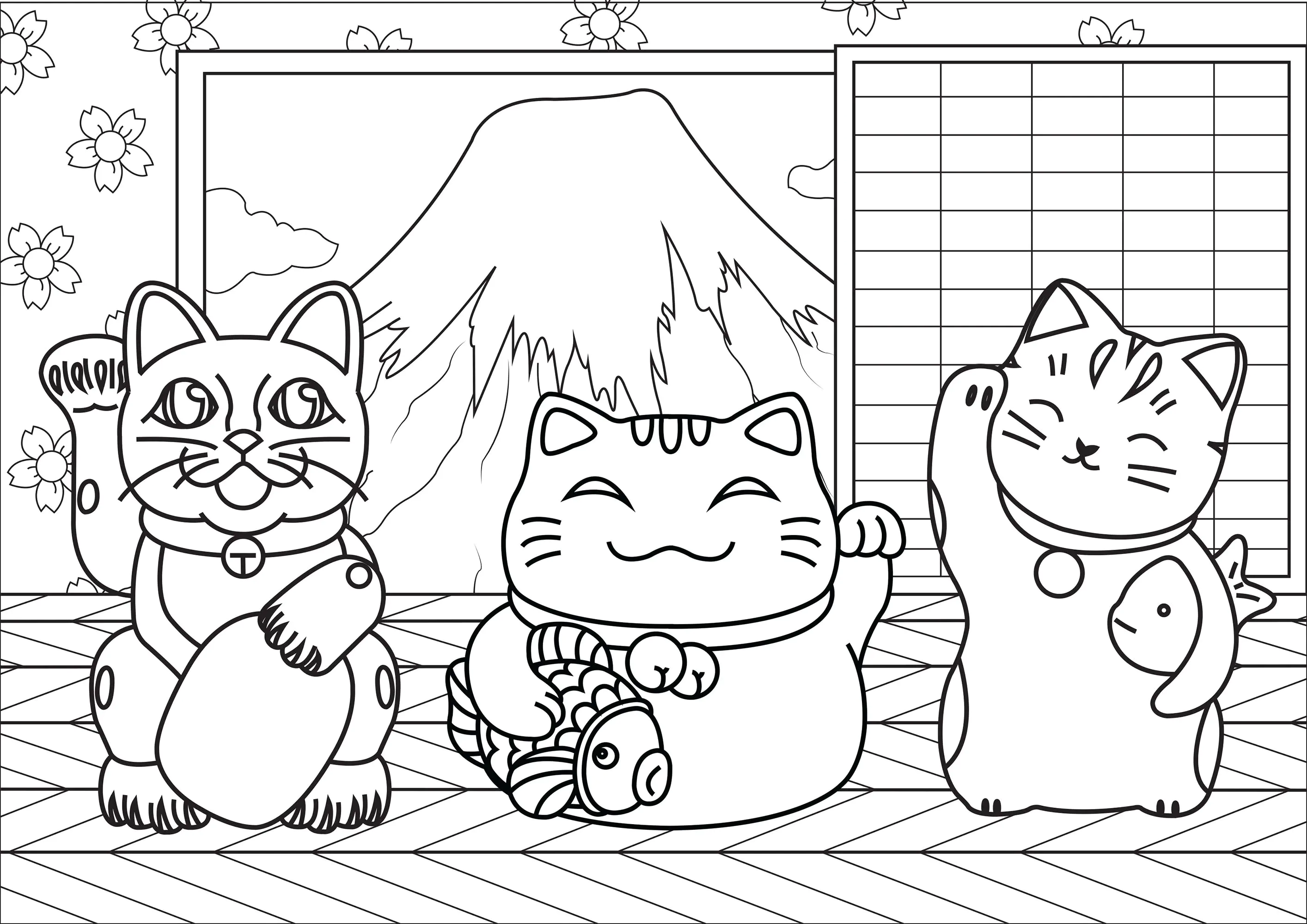 Maneki Neko frente al monte Fuji de Japón (versión sencilla) (Página para imprimir para adultos)