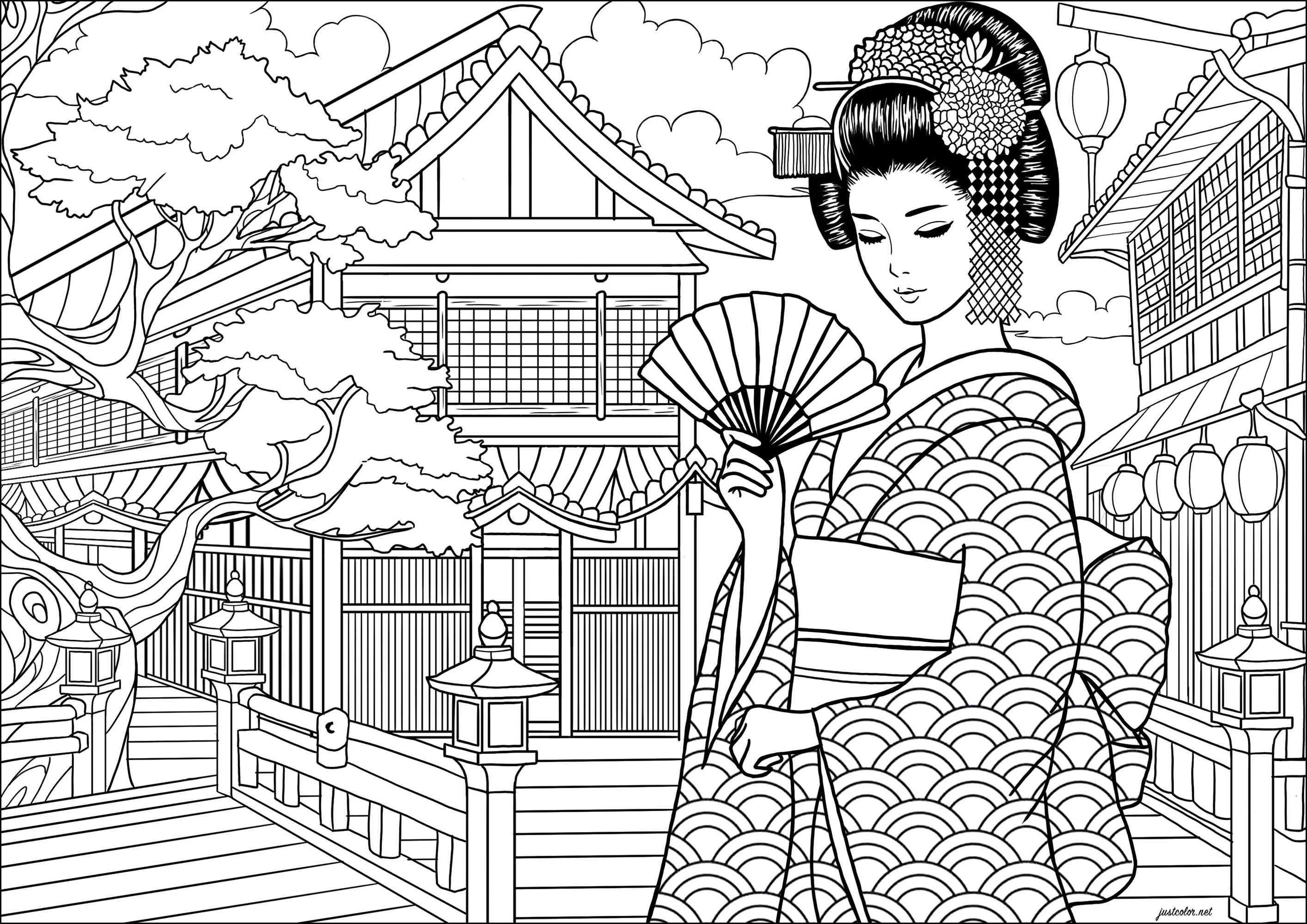 Mujer con traje tradicional japonés y magnífico templo (Página para imprimir para adultos)