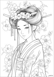 Geisha con hermosos cabellos y flores