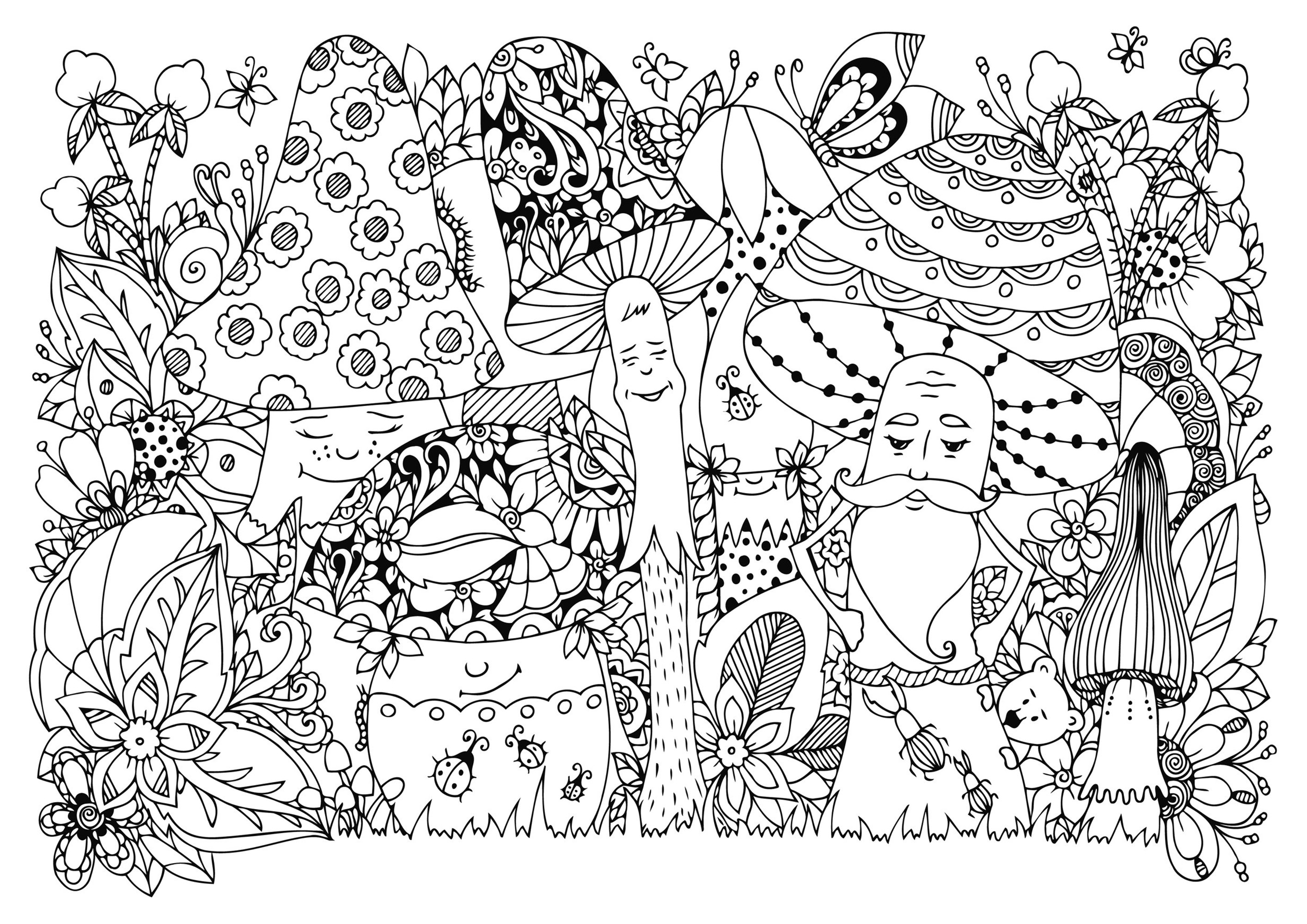 Setas felices en el bosque, con muchos insectos y flores. Muchos detalles ocultos para descubrir y colorear.