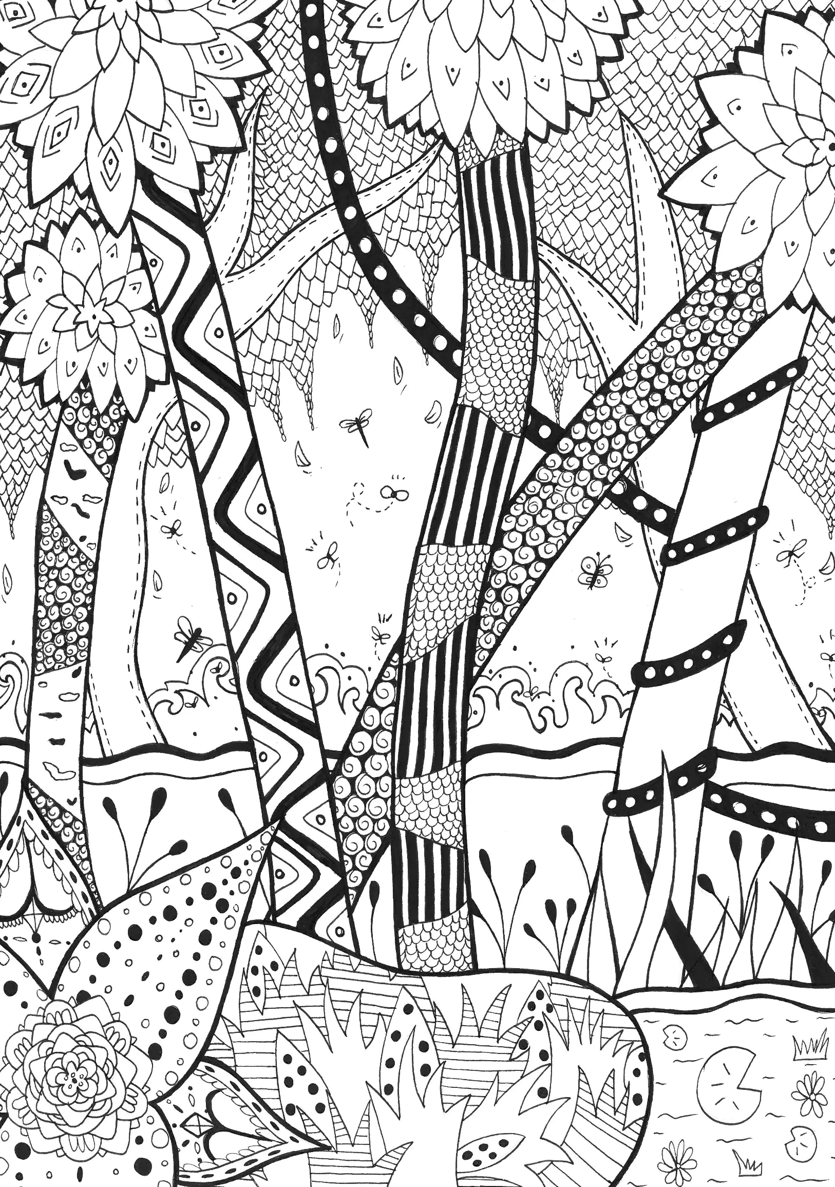 Increíble bosque estampado con Zentangle (Página de Selva y bosque para imprimir para adultos)