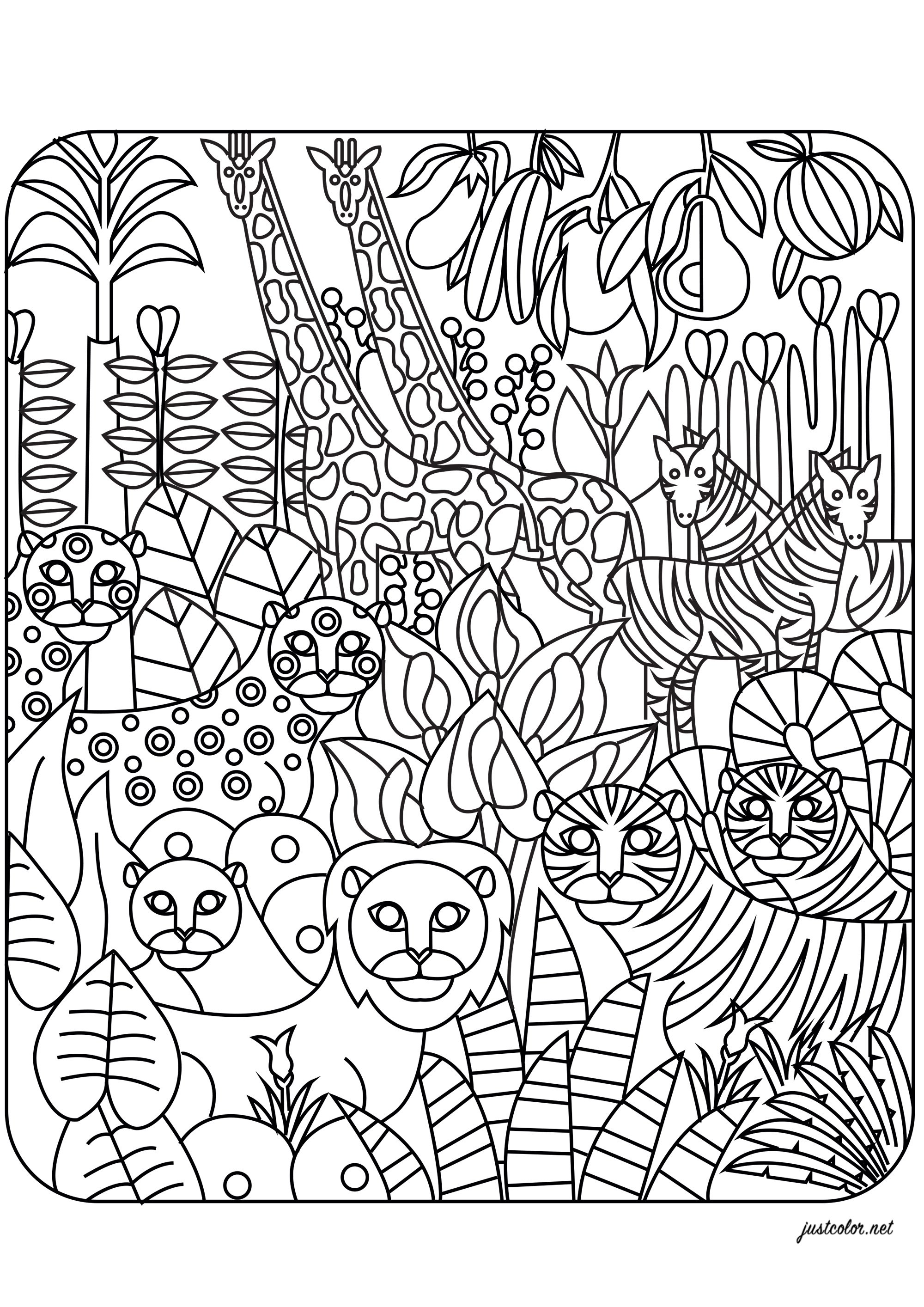 Página de Selva y bosque para imprimir : Varios animales: Leones, tigres, jirafas, cebras... Página de Selva y bosque para imprimir para adultos : Varios animales: Leones, tigres, jirafas, cebras...