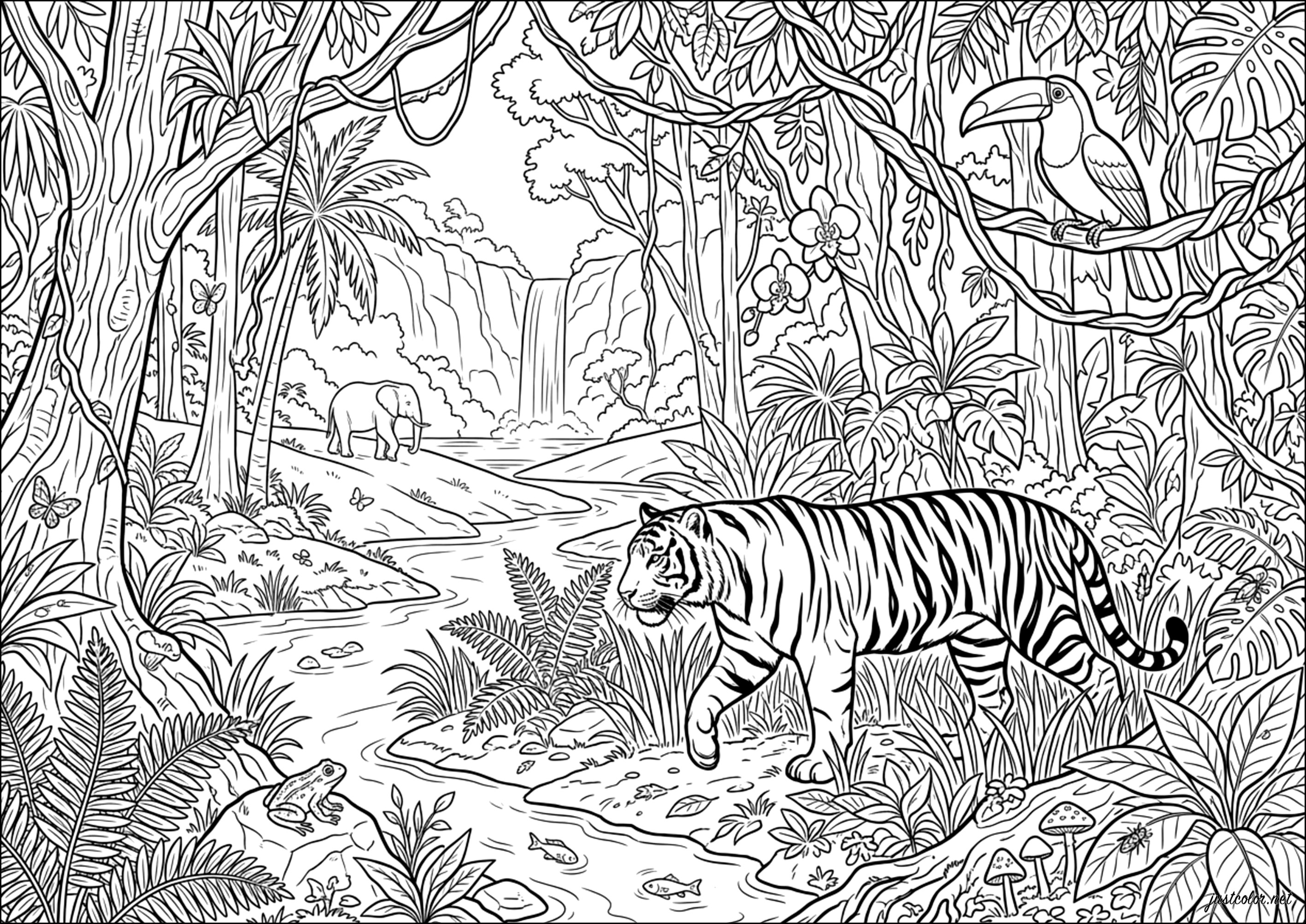 El Tigre en el Dosel (Página de Selva y bosque para imprimir para adultos)
