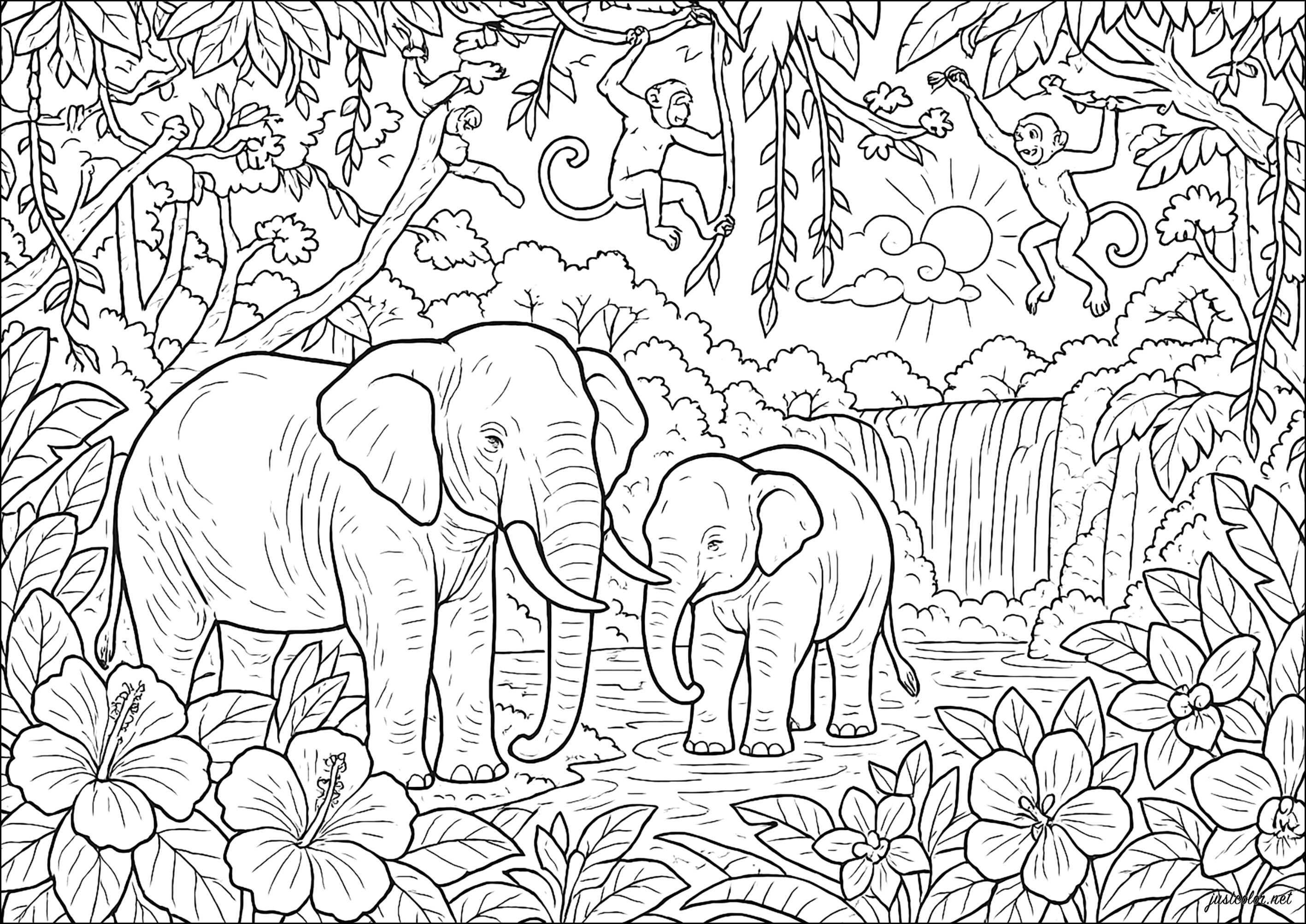 Majestuosos elefantes y pequeños monos cerca de una cascada (Página de Selva y bosque para imprimir para adultos)