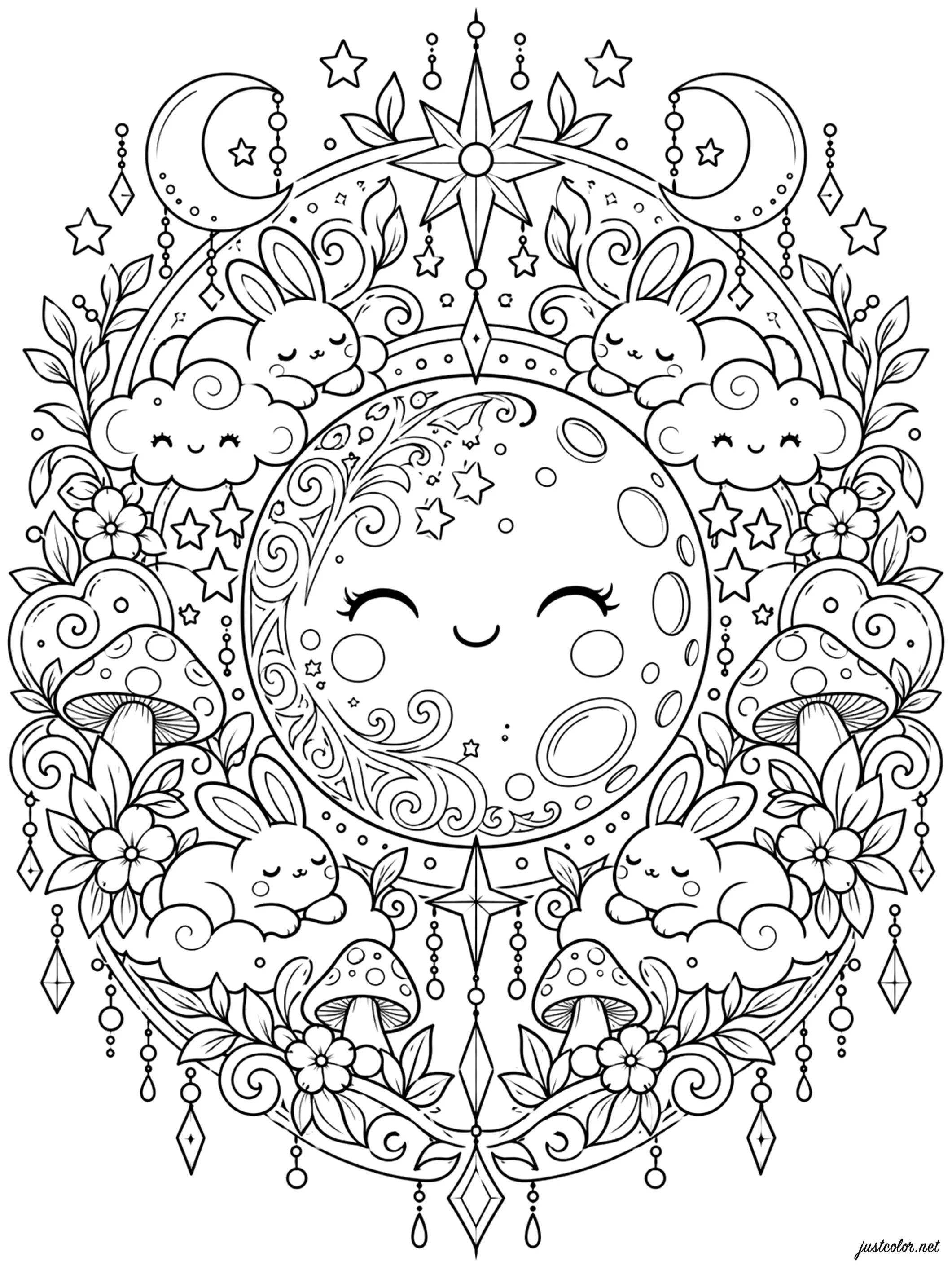 Luna sonriente con conejos y nubes (Página de Kawaii para imprimir para adultos)