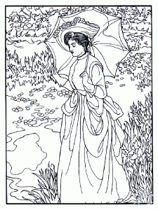 Mujer del siglo XIX con bonita sombrilla (Página de Arte para niños  para imprimir)