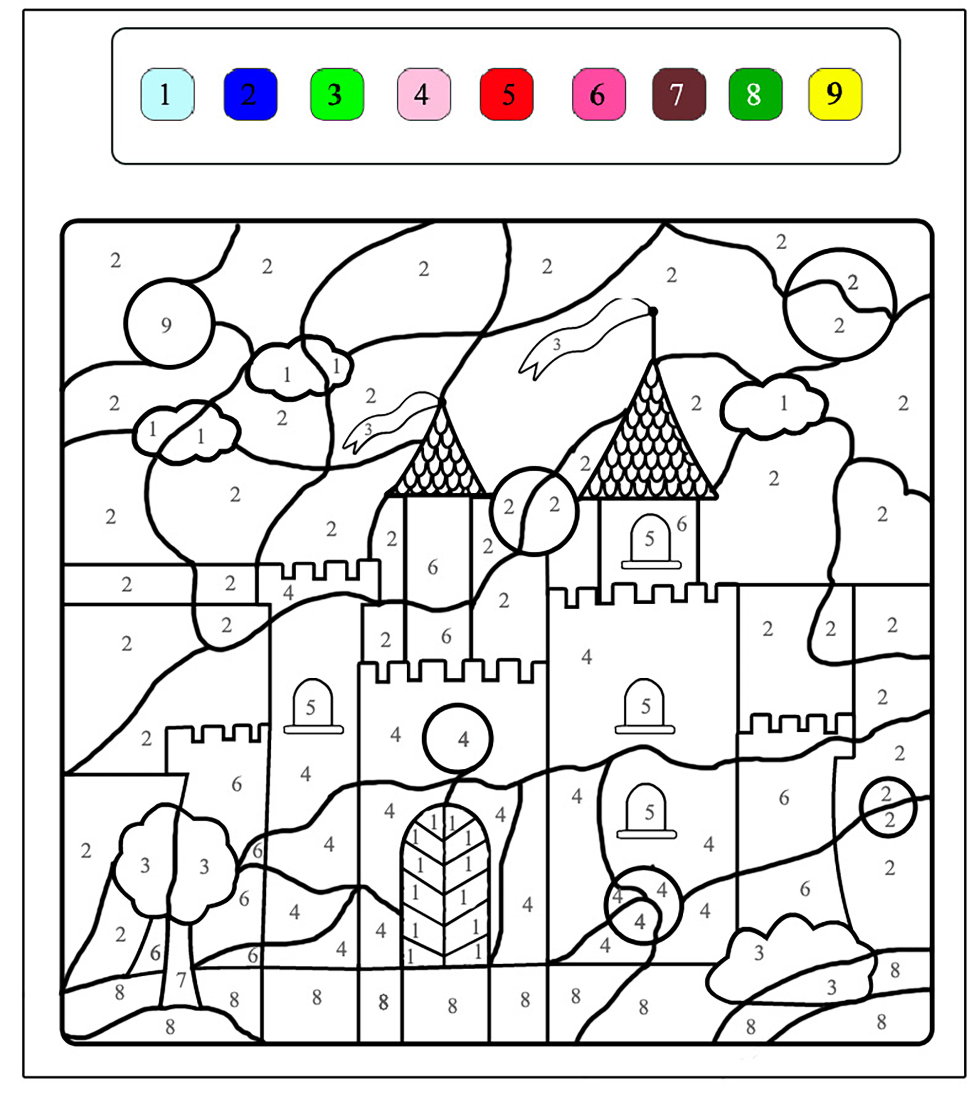 Precioso castillo para colorear con nueve colores