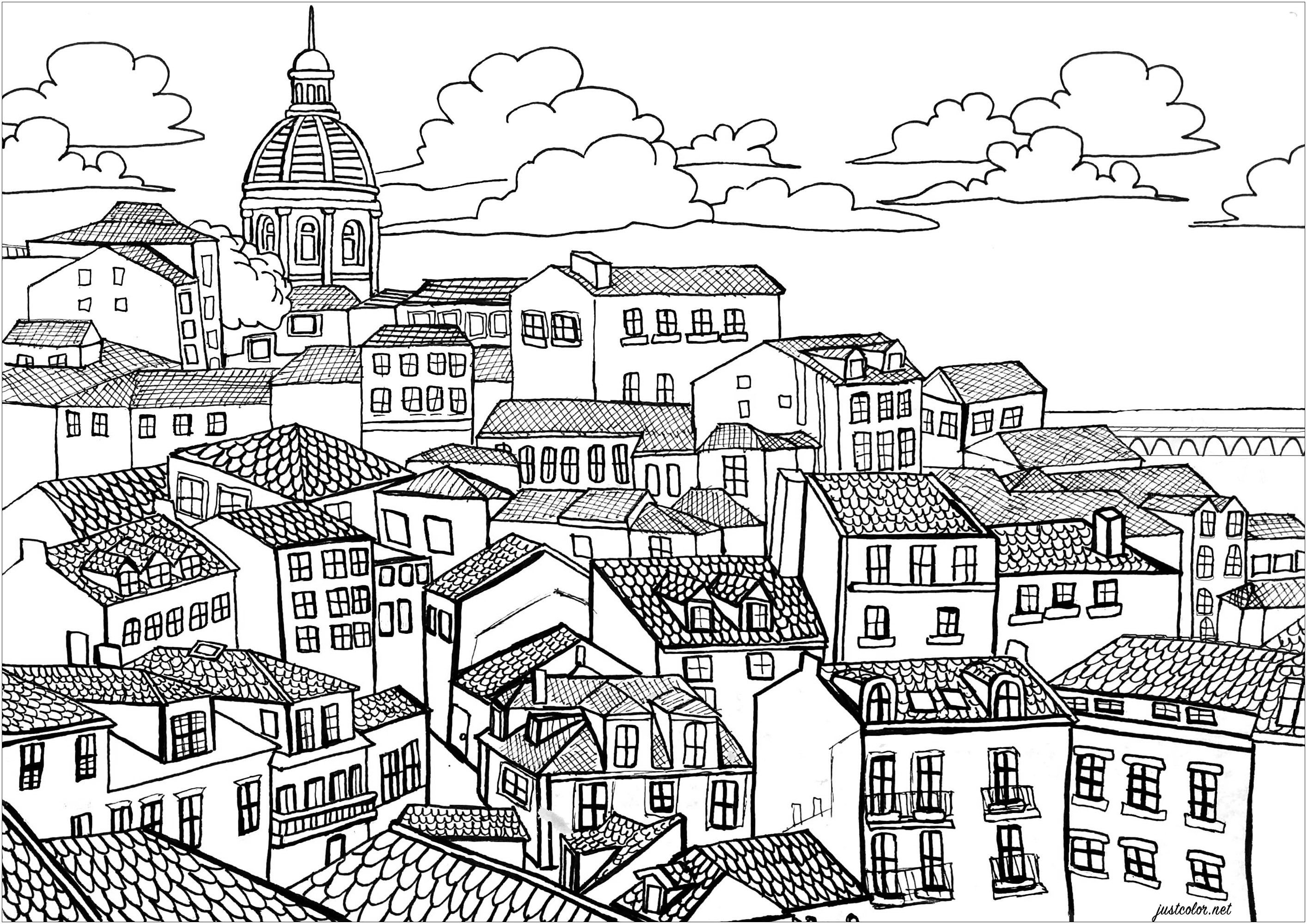 Una vista sobre los tejados del barrio de Alfama: una auténtica fiesta para los ojos. Una bonita página para colorear que representa uno de los barrios más agradables de visitar de Lisboa. Un laberinto de callejuelas y callejuelas en pendiente que descienden hasta el Tajo. A lo lejos, se ve el puente Vasco de Gama, Artista : Morgan