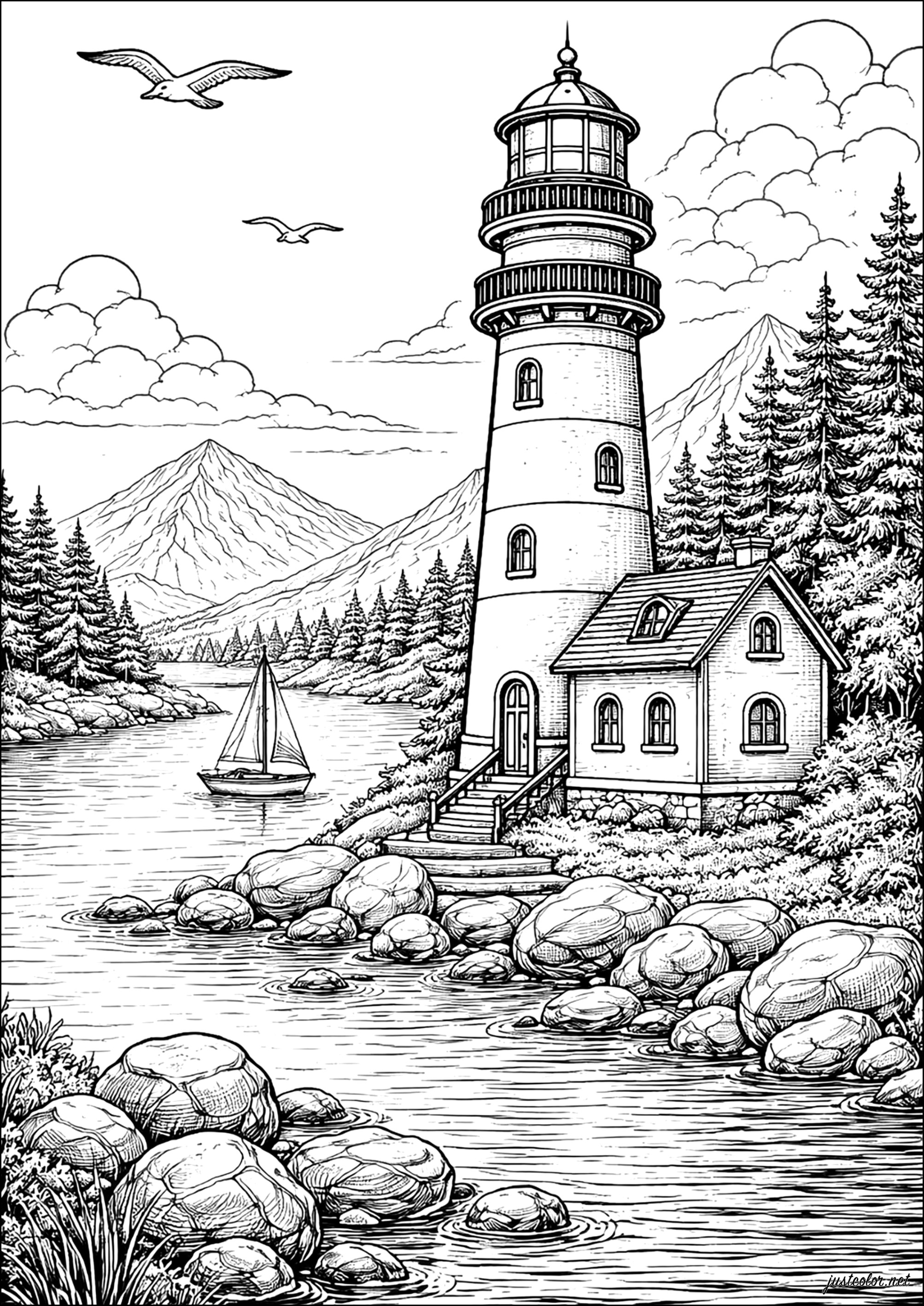 Faro y velero bajo un cielo sereno (Página de Paisajes para imprimir para adultos)