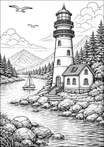 Faro y velero bajo un cielo sereno (Página de Paisajes para imprimir)