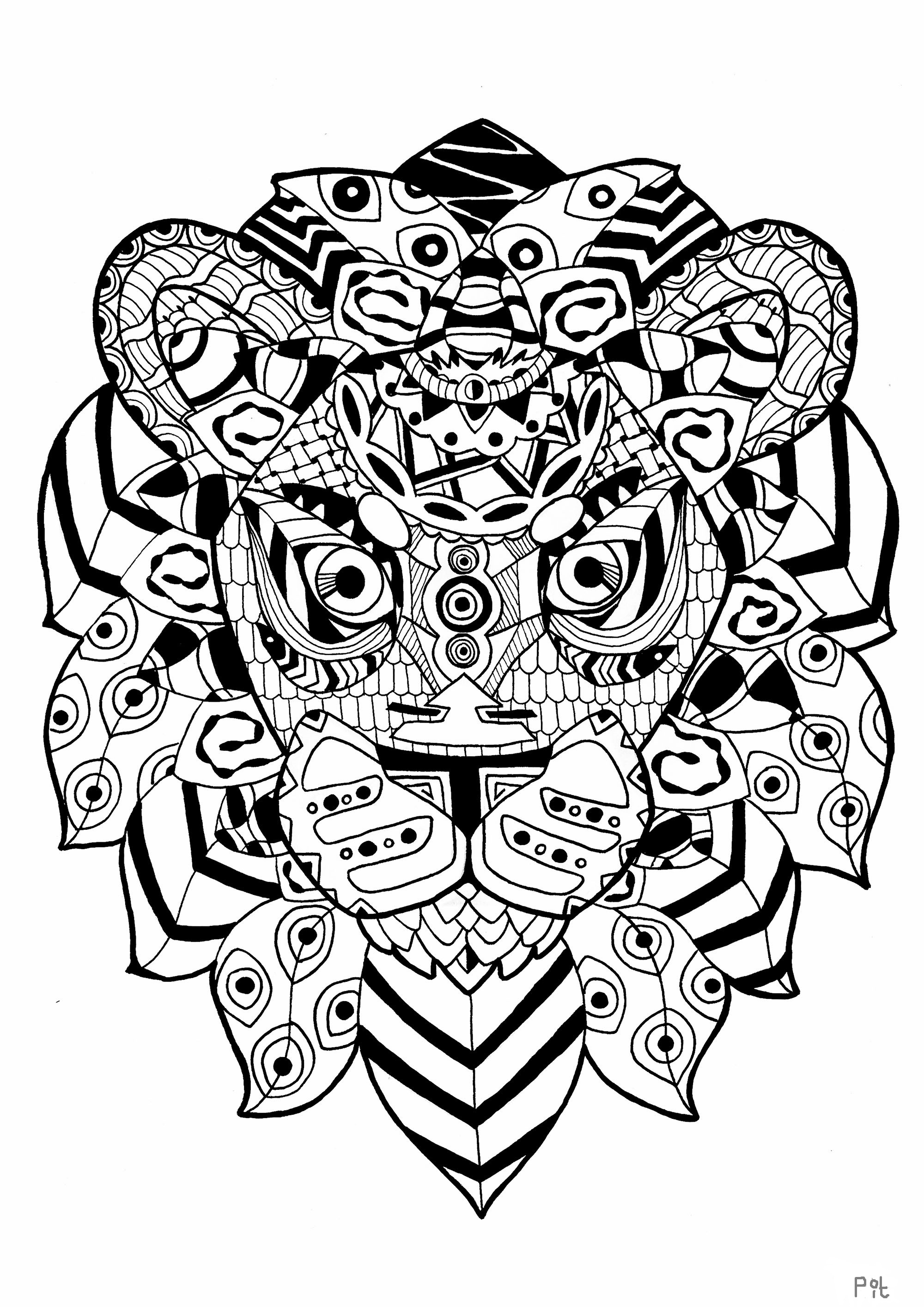 Una impresionante cabeza de león en estilo Zentangle, Artista : Pauline